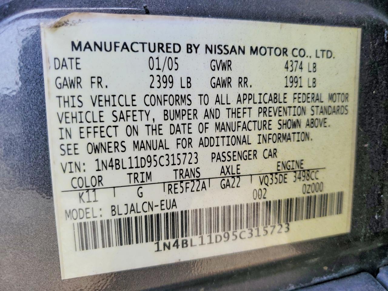 2005 Nissan Altima 3.5 Se Gray vin: 1N4BL11D95C315723