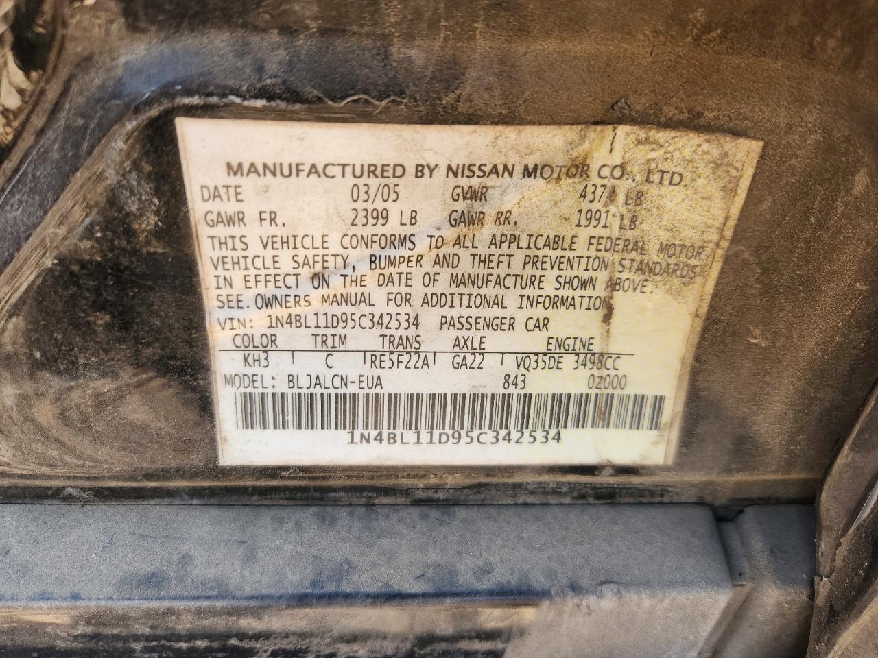 2005 Nissan Altima 3.5 Se Black vin: 1N4BL11D95C342534