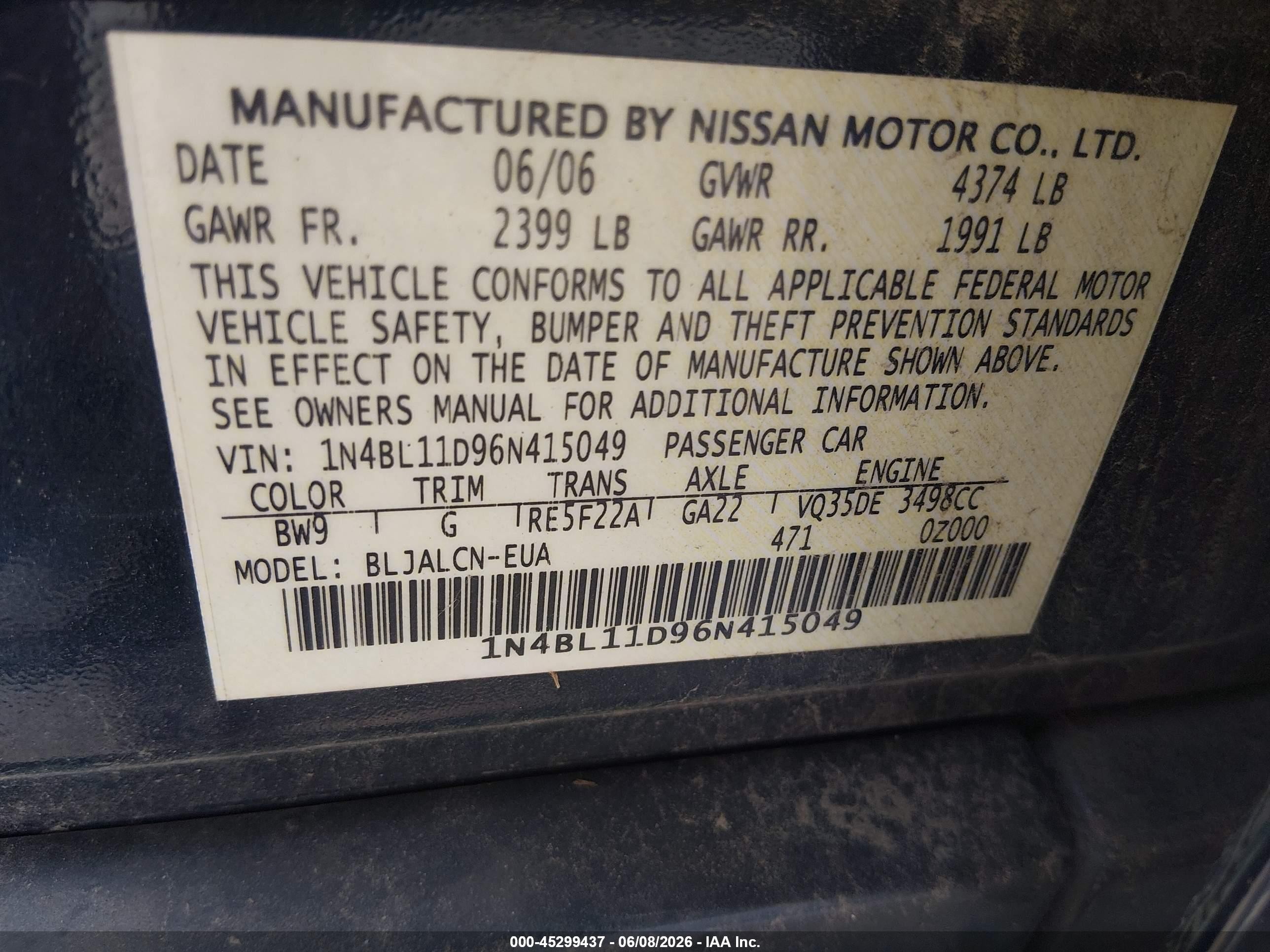 2006 Nissan Altima 3.5 Se Синий vin: 1N4BL11D96N415049