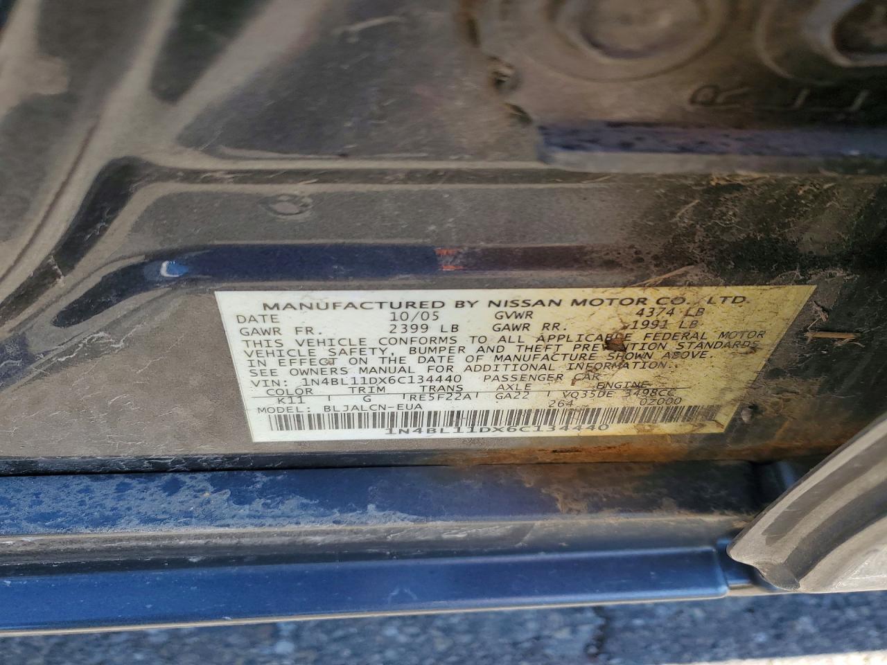 2006 Nissan Altima 3.5 Se Gray vin: 1N4BL11DX6C134440