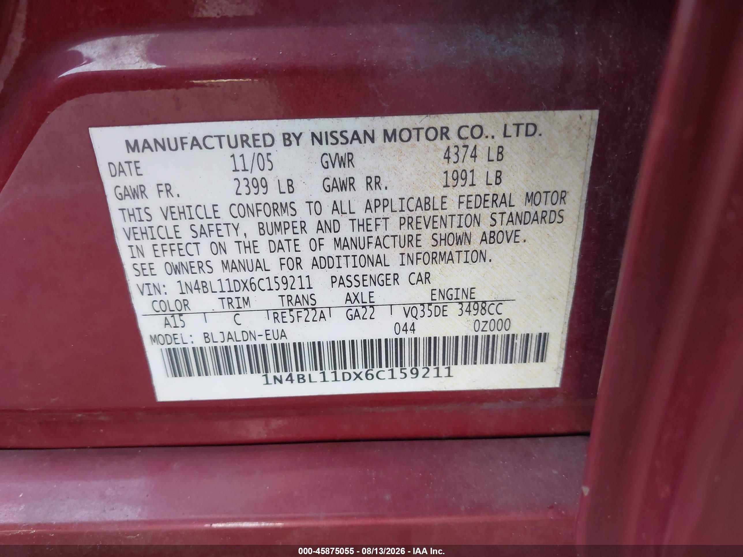 2006 Nissan Altima 3.5 Sl Red vin: 1N4BL11DX6C159211