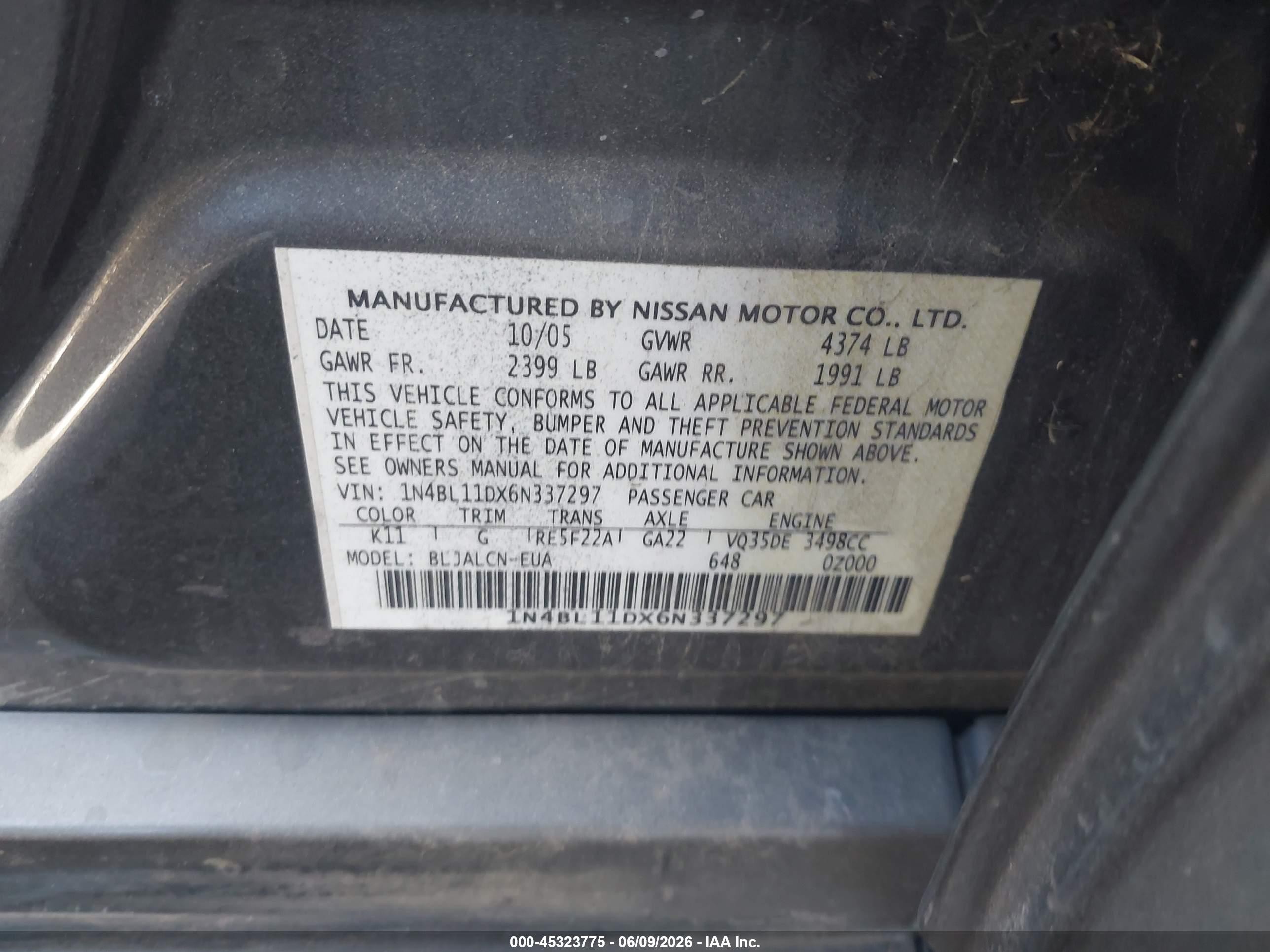 2006 Nissan Altima 3.5 Se Gray vin: 1N4BL11DX6N337297