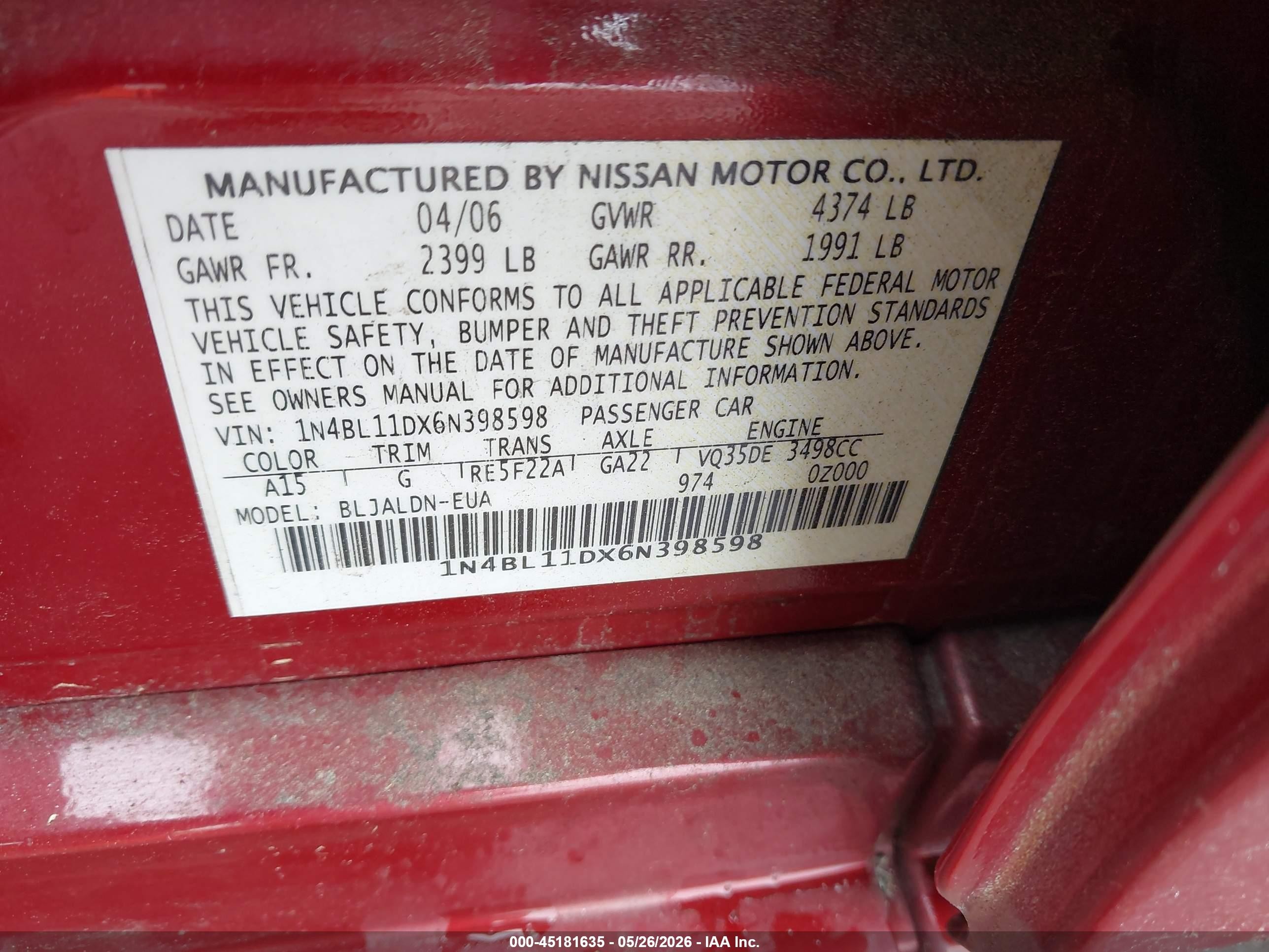 2006 Nissan Altima 3.5 Sl Темно-бордовый vin: 1N4BL11DX6N398598
