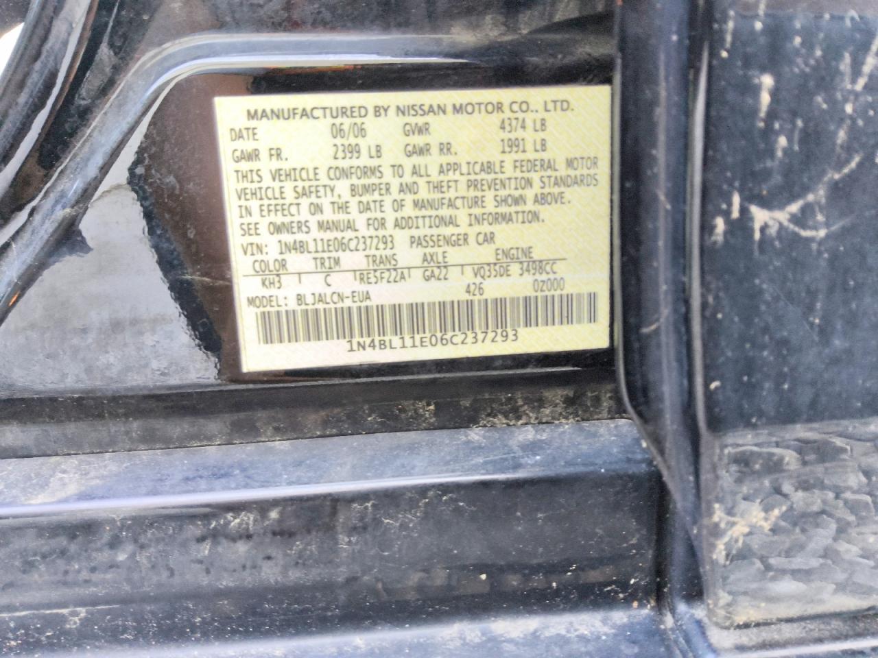 2006 Nissan Altima 3.5 Se Black vin: 1N4BL11E06C237293