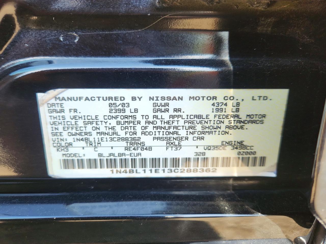 2003 Nissan Altima Se Black vin: 1N4BL11E13C288362