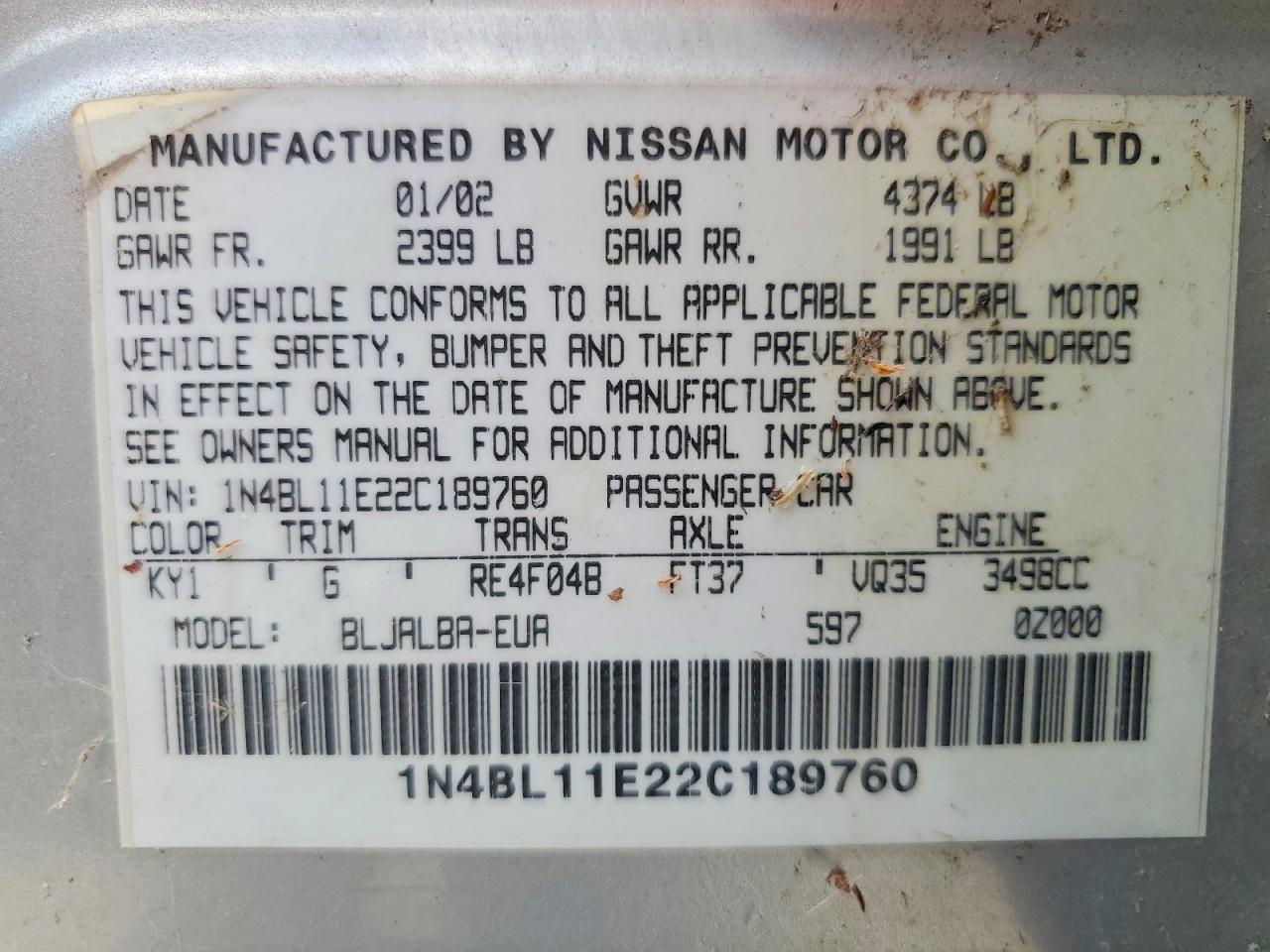 2002 Nissan Altima 3.5 Se Silver vin: 1N4BL11E22C189760