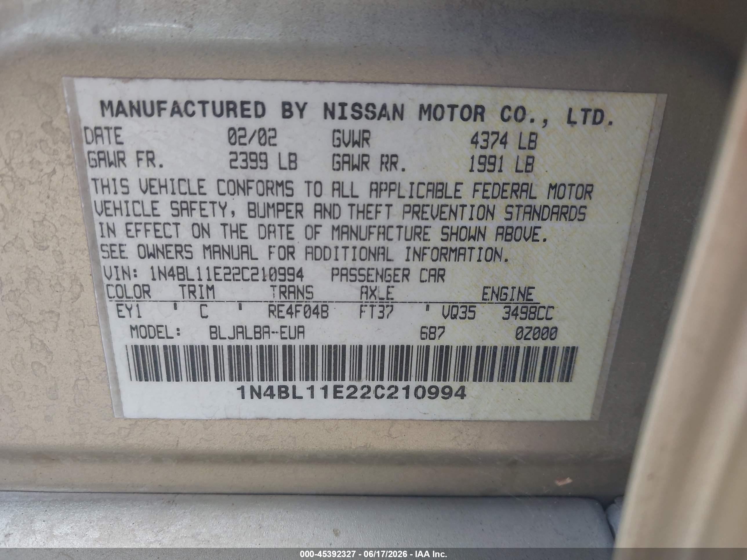 2002 Nissan Altima 3.5 Se Gold vin: 1N4BL11E22C210994