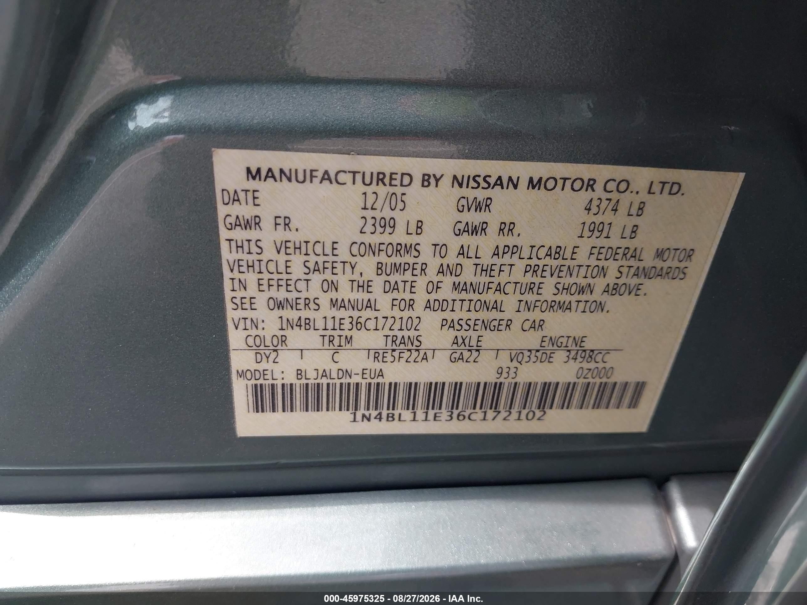 2006 Nissan Altima 3.5 Sl Light Blue vin: 1N4BL11E36C172102