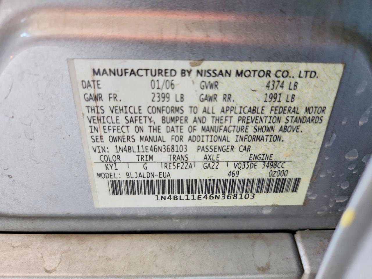 2006 Nissan Altima 3.5 Se Silver vin: 1N4BL11E46N368103
