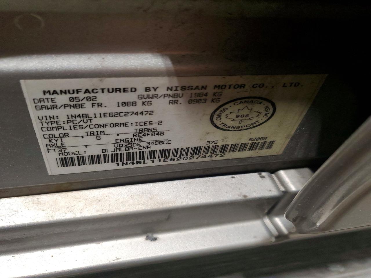 2002 Nissan Altima Se Cream vin: 1N4BL11E62C274472