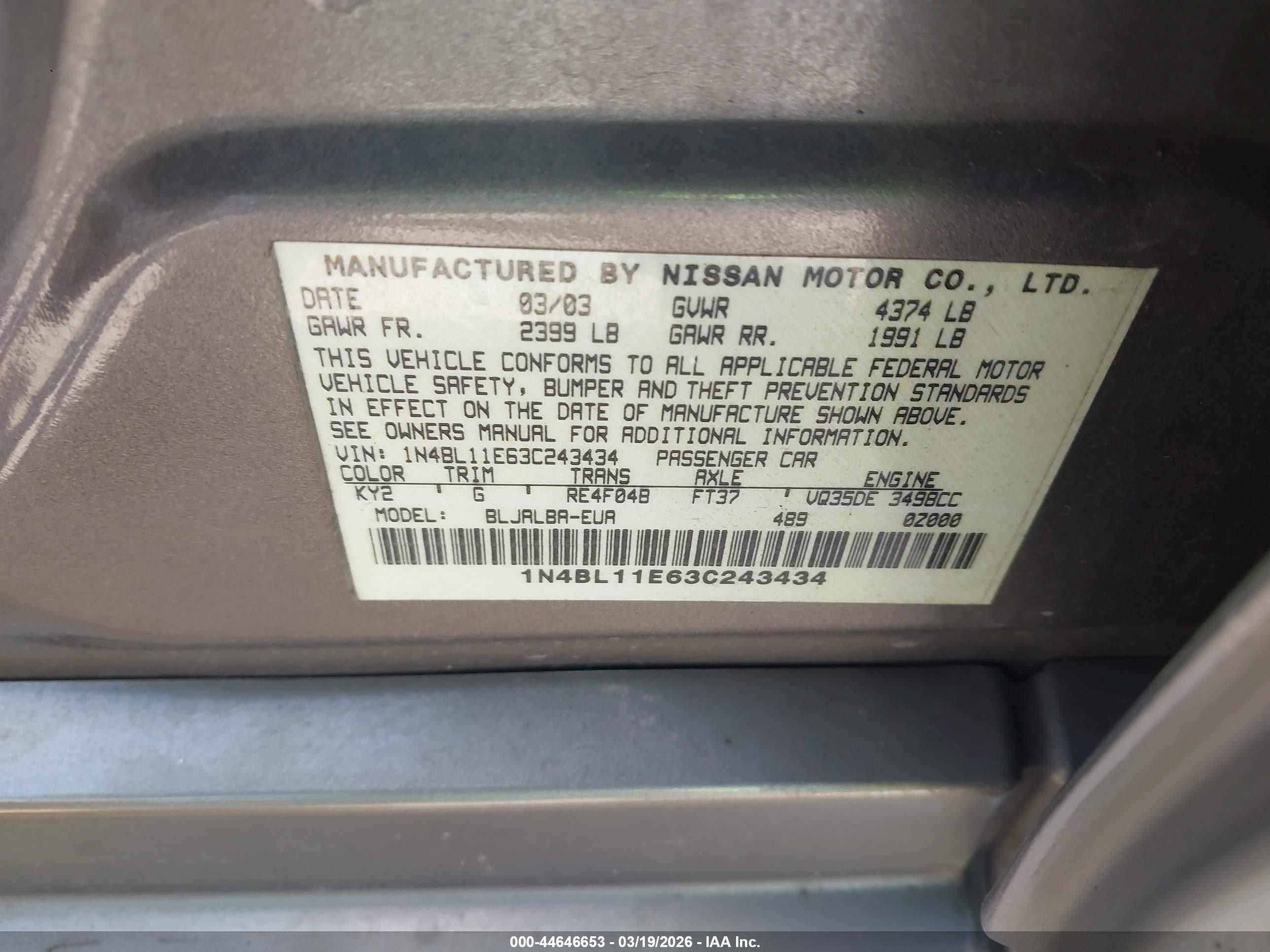 2003 Nissan Altima 3.5 Se Gray vin: 1N4BL11E63C243434
