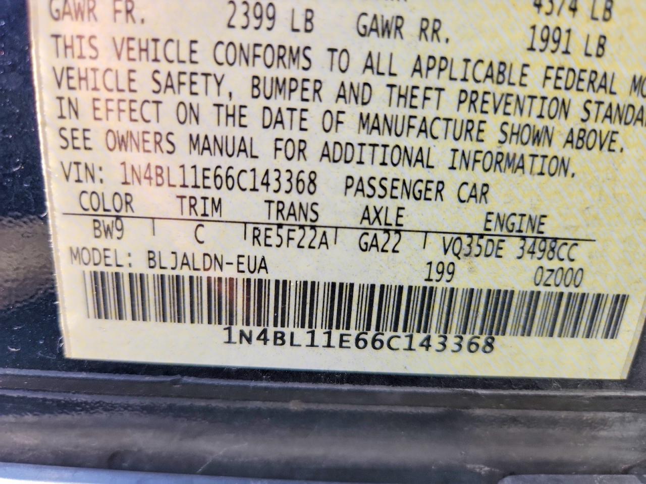 2006 Nissan Altima 3.5 Se Blue vin: 1N4BL11E66C143368