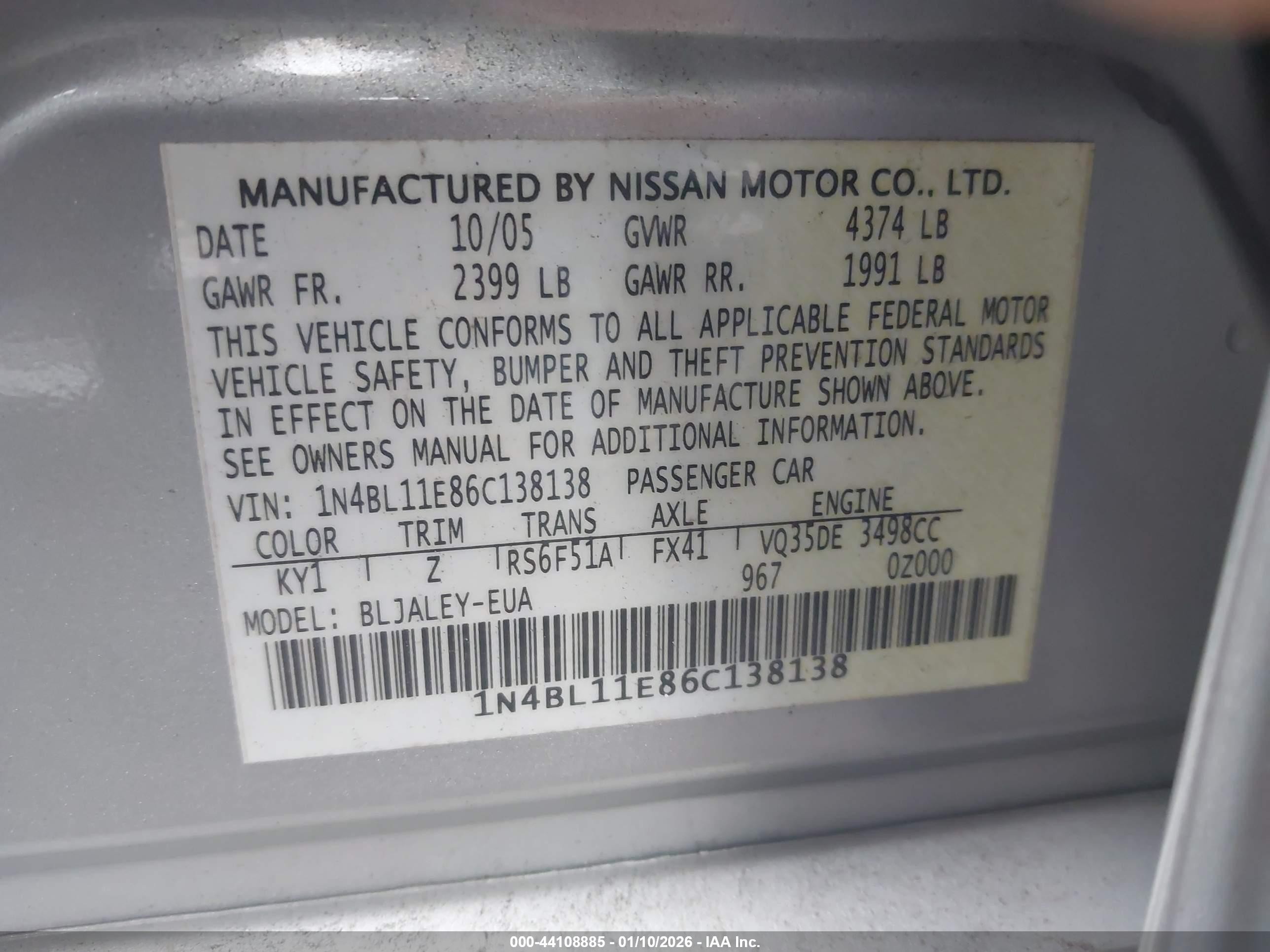2006 Nissan Altima 3.5 Se-r Gray vin: 1N4BL11E86C138138