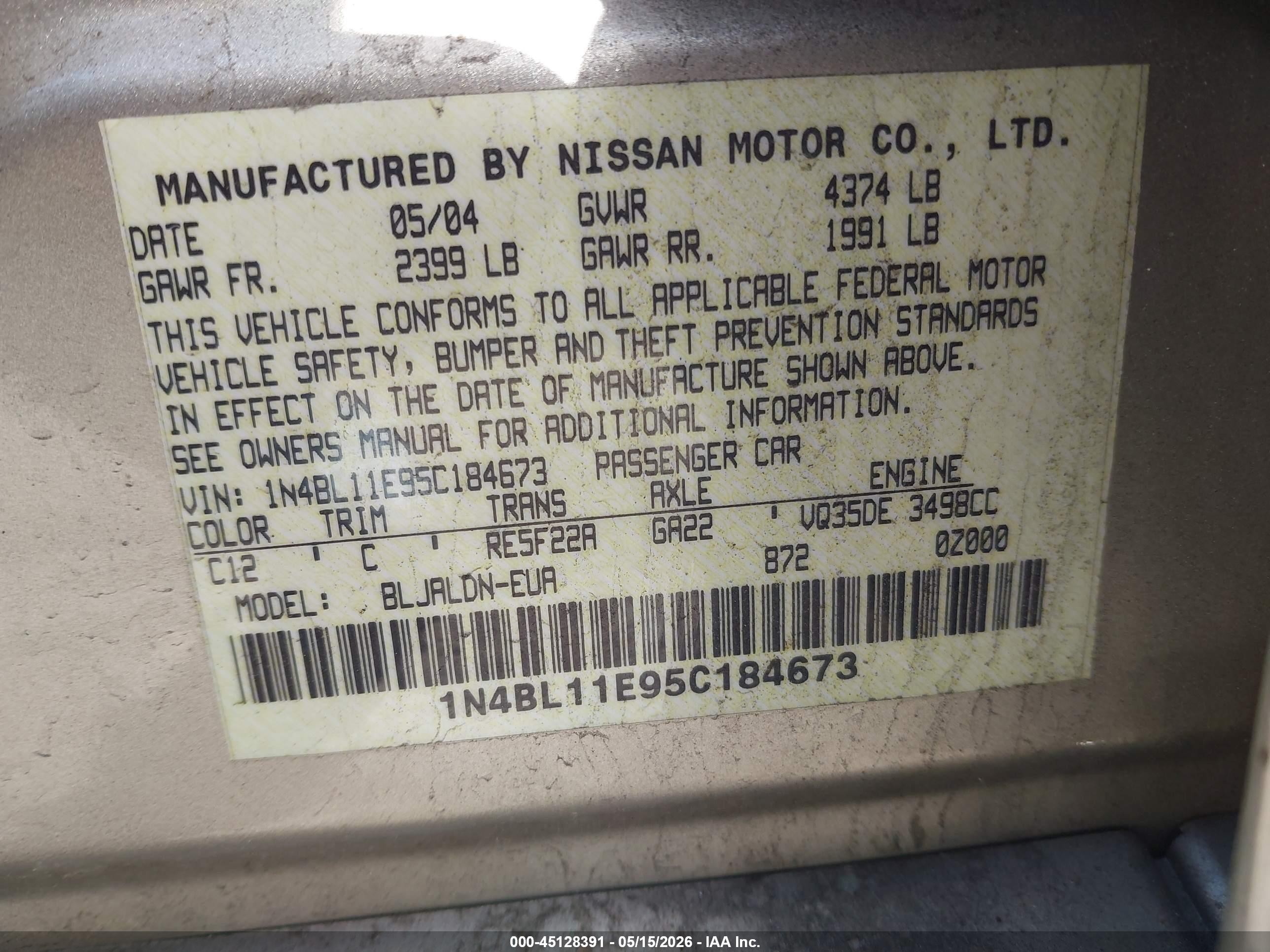 2005 Nissan Altima 3.5 Sl Gold vin: 1N4BL11E95C184673