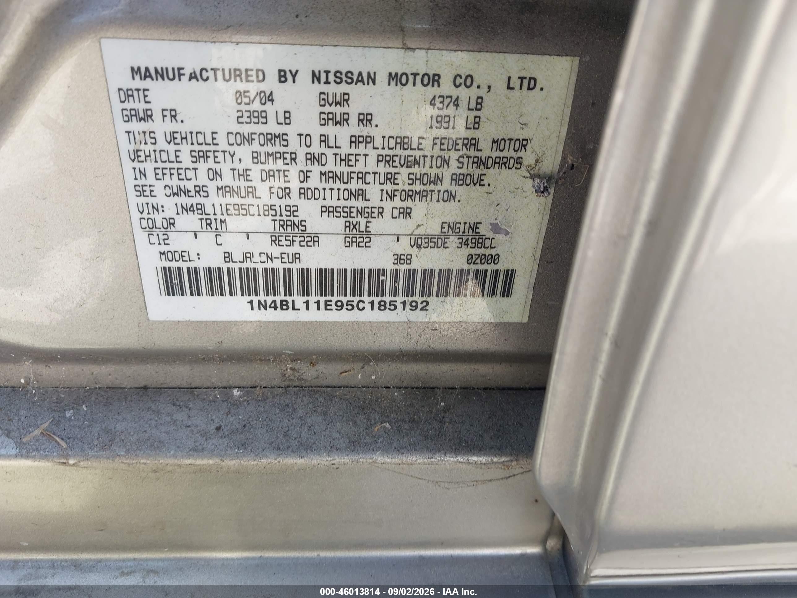 2005 Nissan Altima 3.5 Se Золотой vin: 1N4BL11E95C185192