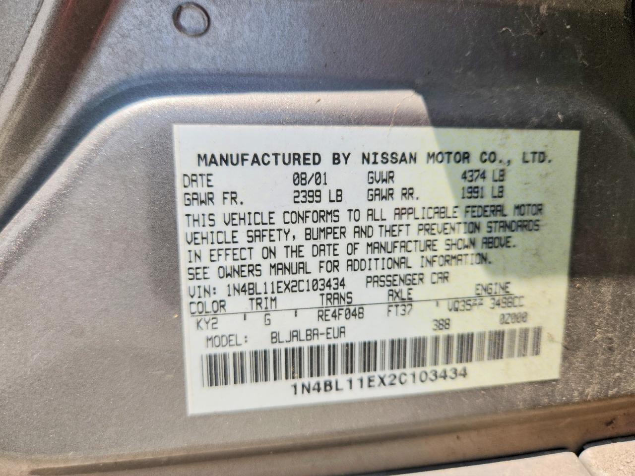 2002 Nissan Altima Se Gray vin: 1N4BL11EX2C103434