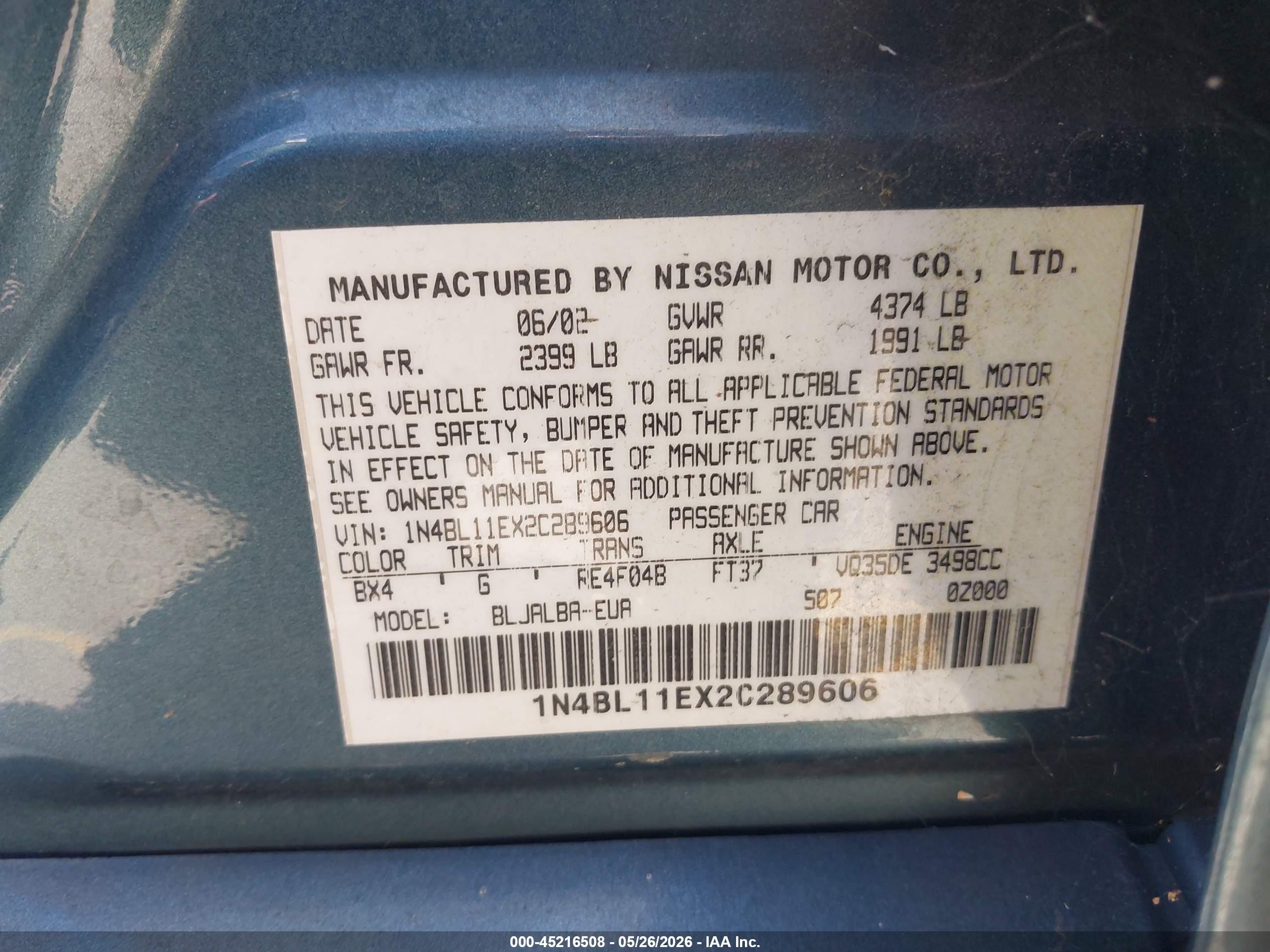 2002 Nissan Altima 3.5 Se Blue vin: 1N4BL11EX2C289606