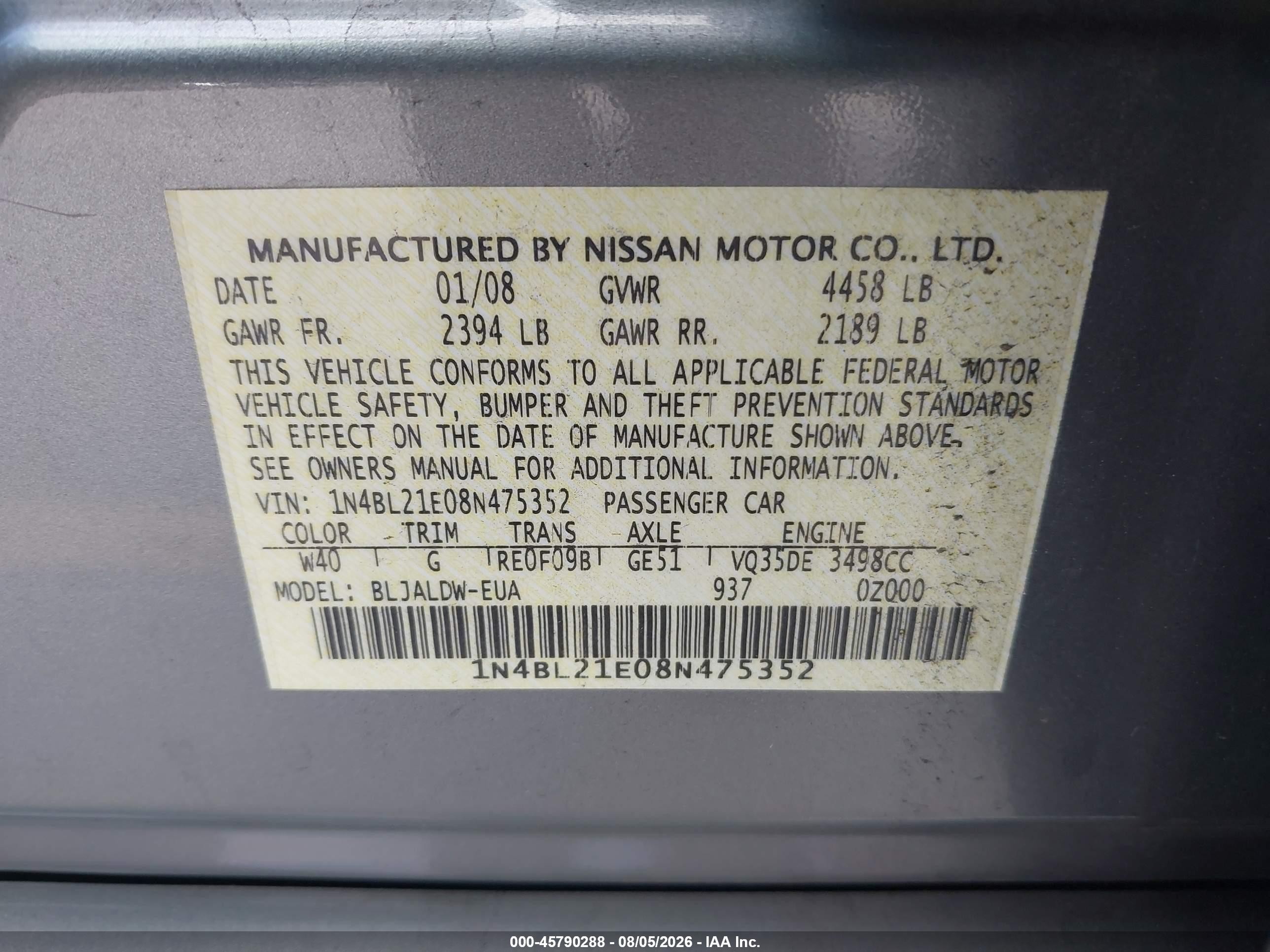 2008 Nissan Altima 3.5 Se Gray vin: 1N4BL21E08N475352