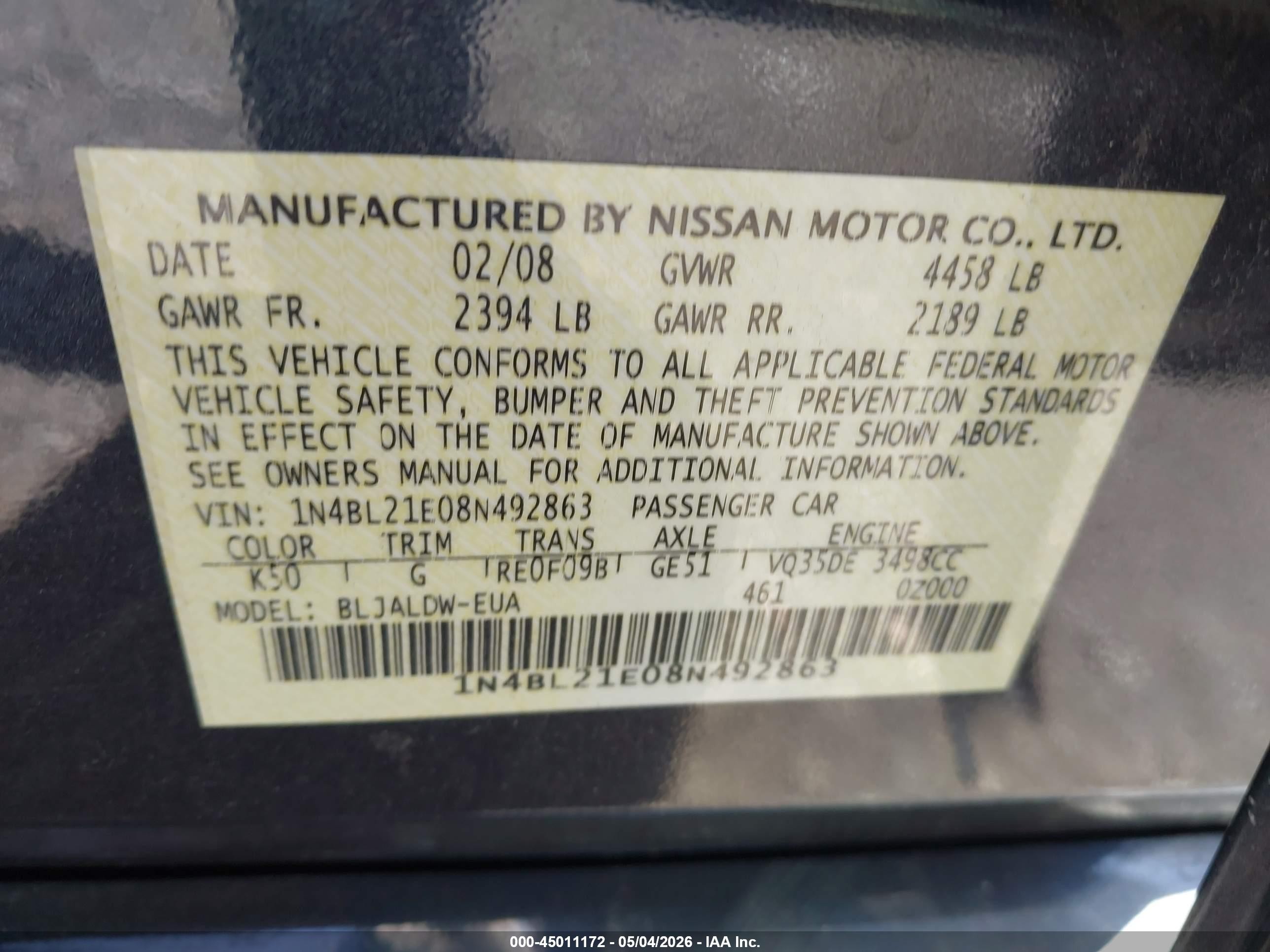 2008 Nissan Altima 3.5 Se Серый vin: 1N4BL21E08N492863