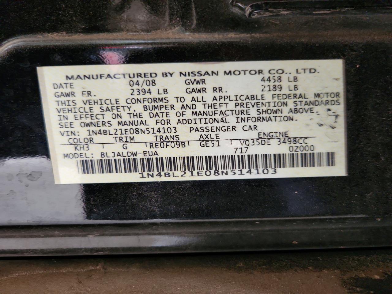 2008 Nissan Altima 3.5 Se Black vin: 1N4BL21E08N514103