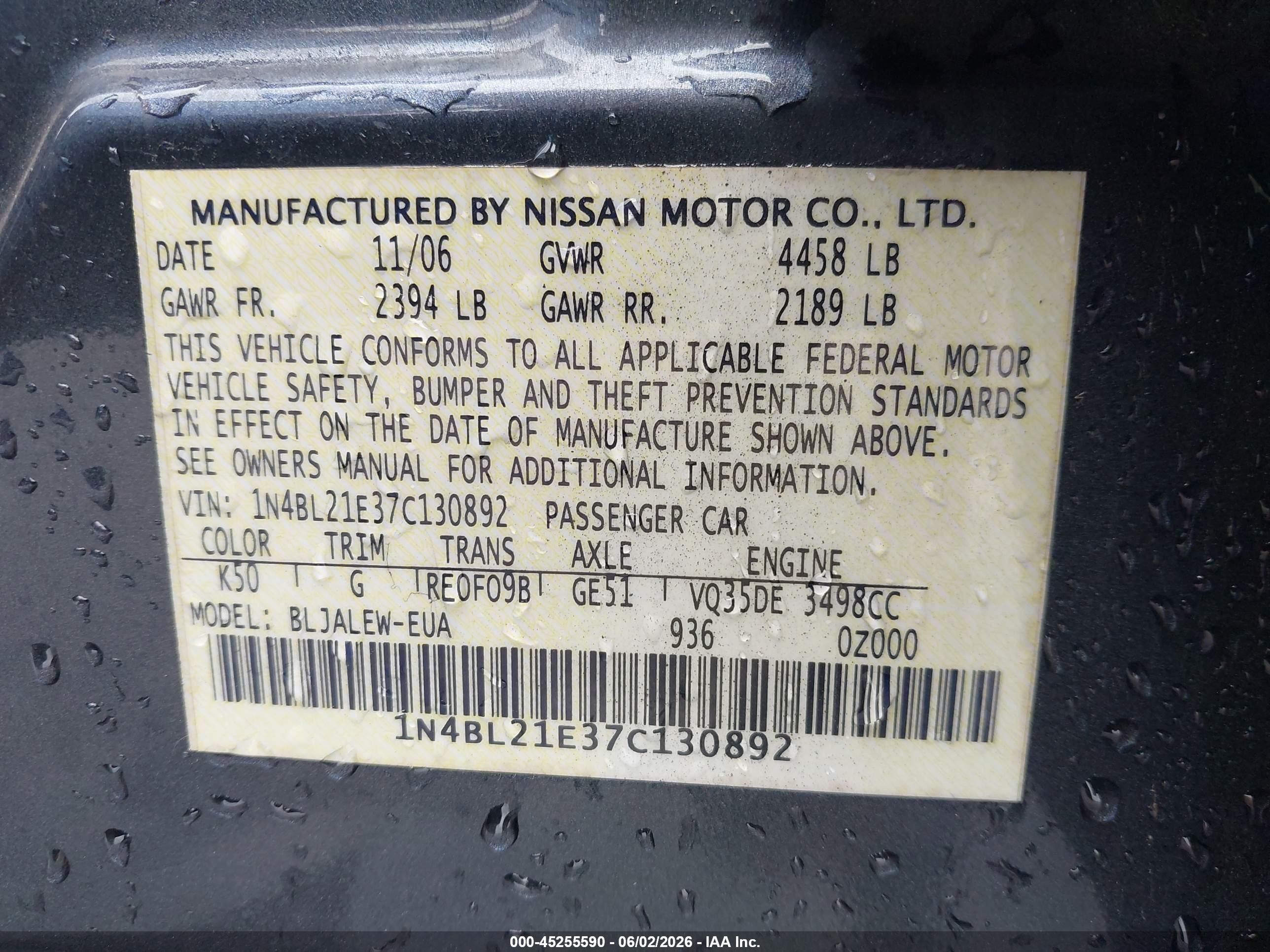 2007 Nissan Altima 3.5 Sl Gray vin: 1N4BL21E37C130892