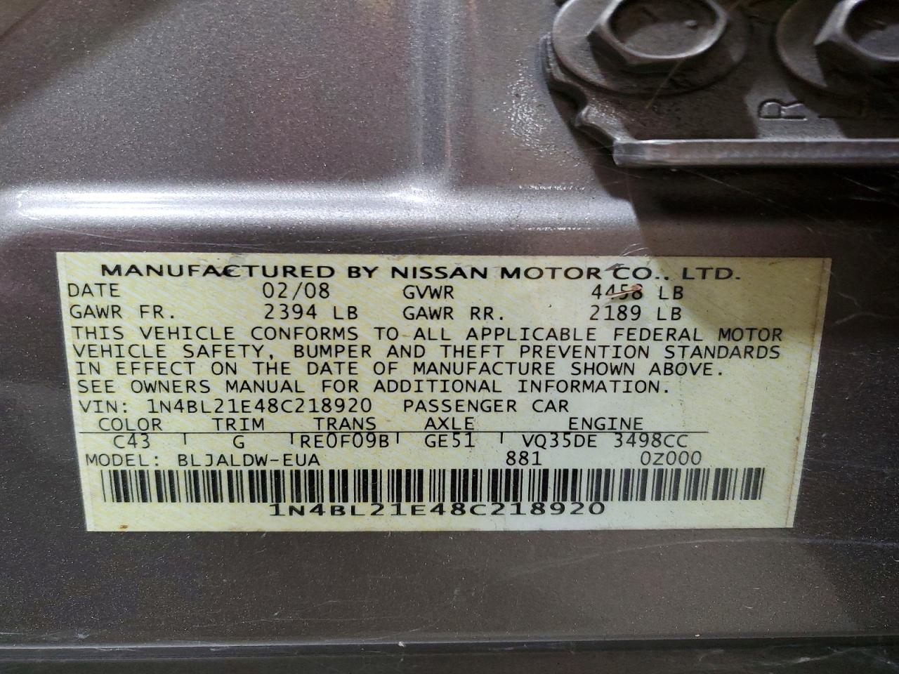 2008 Nissan Altima 3.5 Se Beige vin: 1N4BL21E48C218920