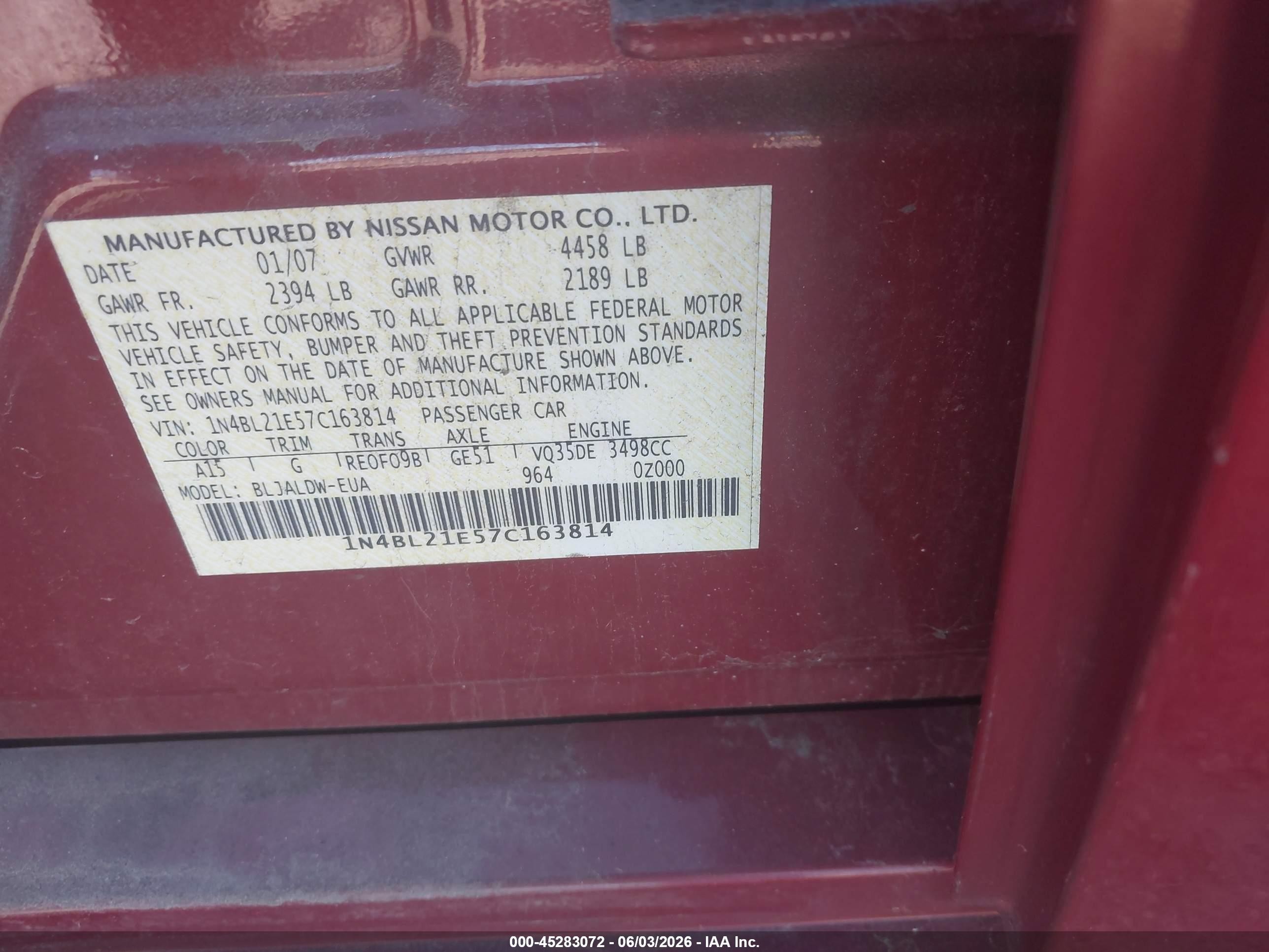 2007 Nissan Altima 3.5 Se Red vin: 1N4BL21E57C163814