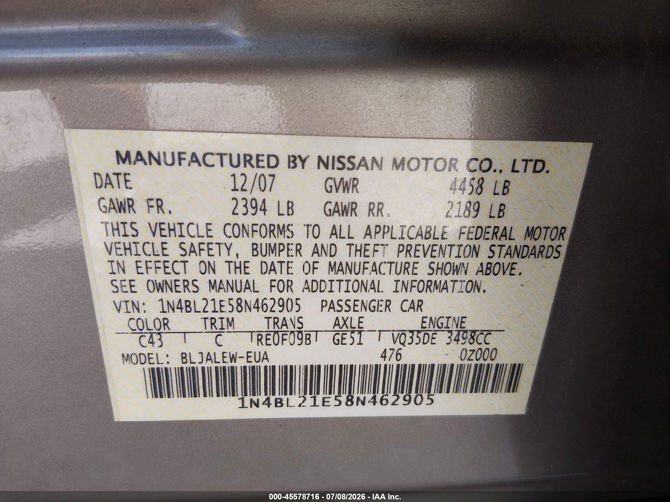 2008 Nissan Altima 3.5 Sl Золотой vin: 1N4BL21E58N462905