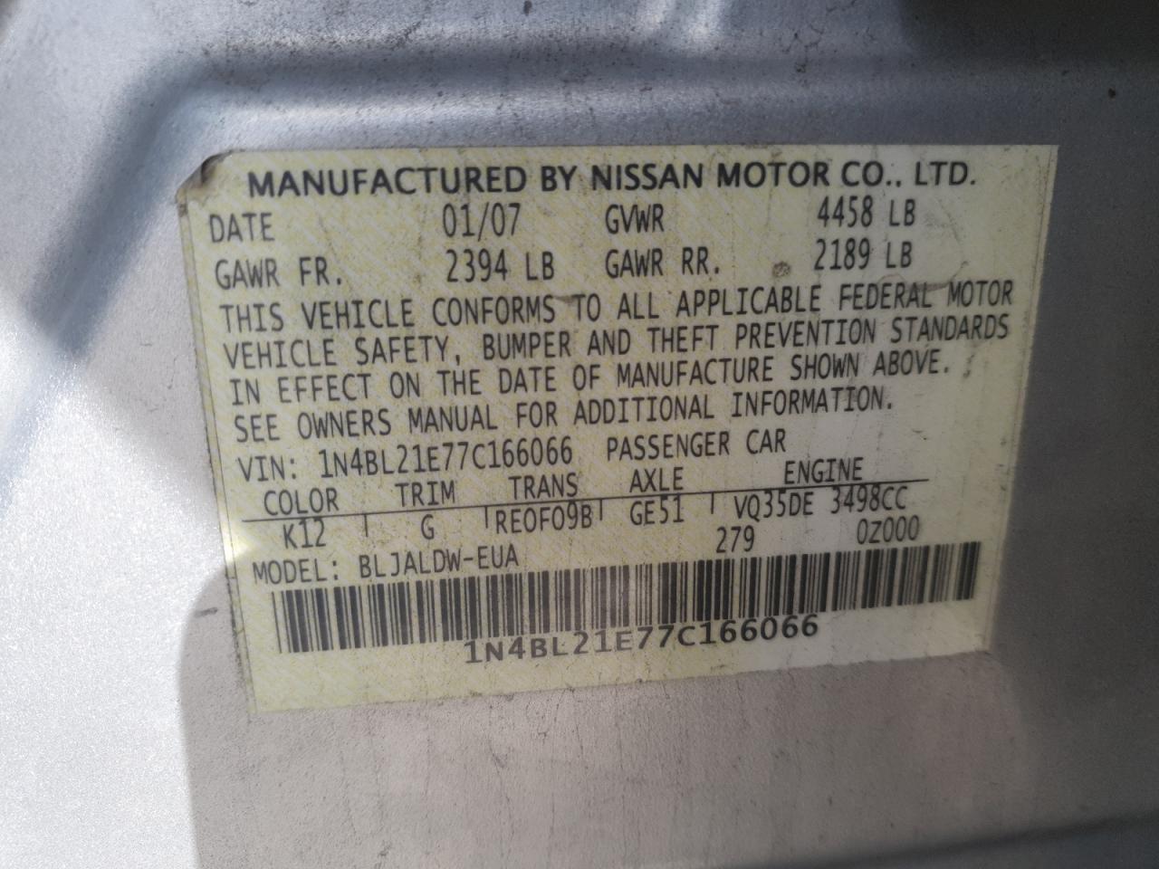 2007 Nissan Altima 3.5se Silver vin: 1N4BL21E77C166066
