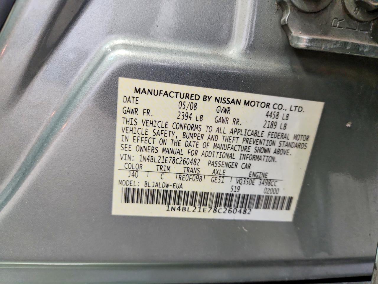 2008 Nissan Altima 3.5 Se Green vin: 1N4BL21E78C260482