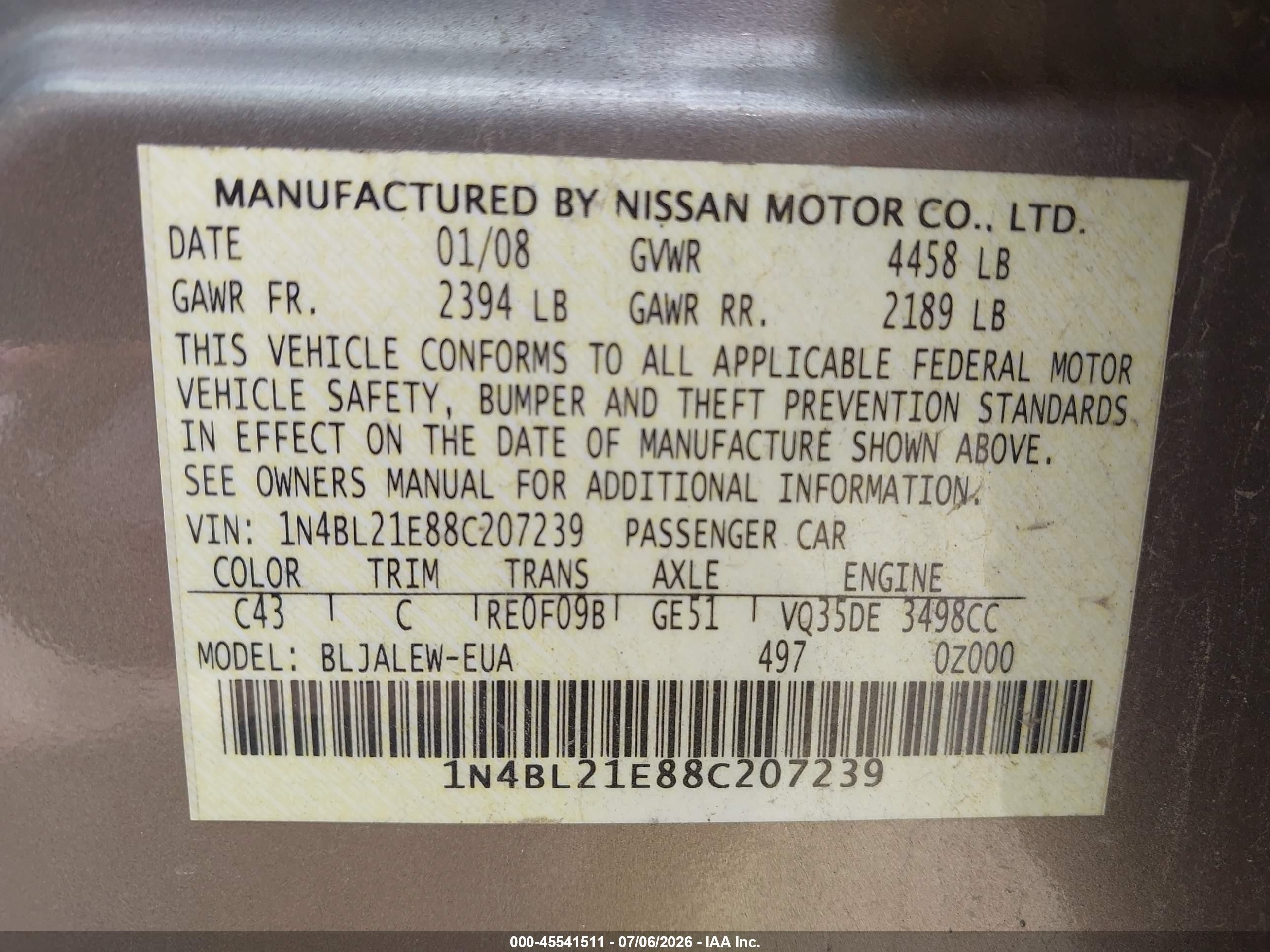 2008 Nissan Altima 3.5 Sl Gold vin: 1N4BL21E88C207239