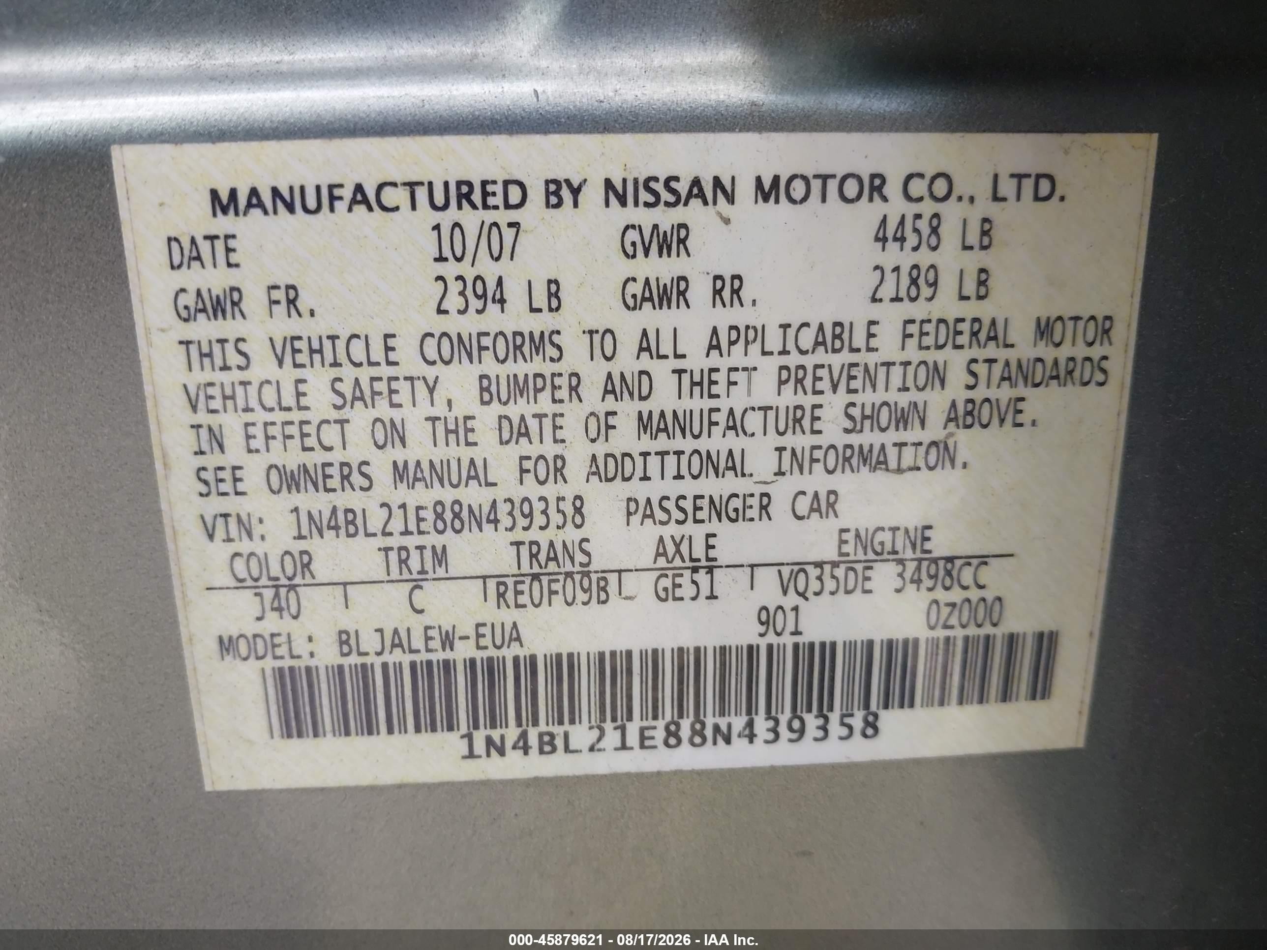 2008 Nissan Altima 3.5 Sl Green vin: 1N4BL21E88N439358