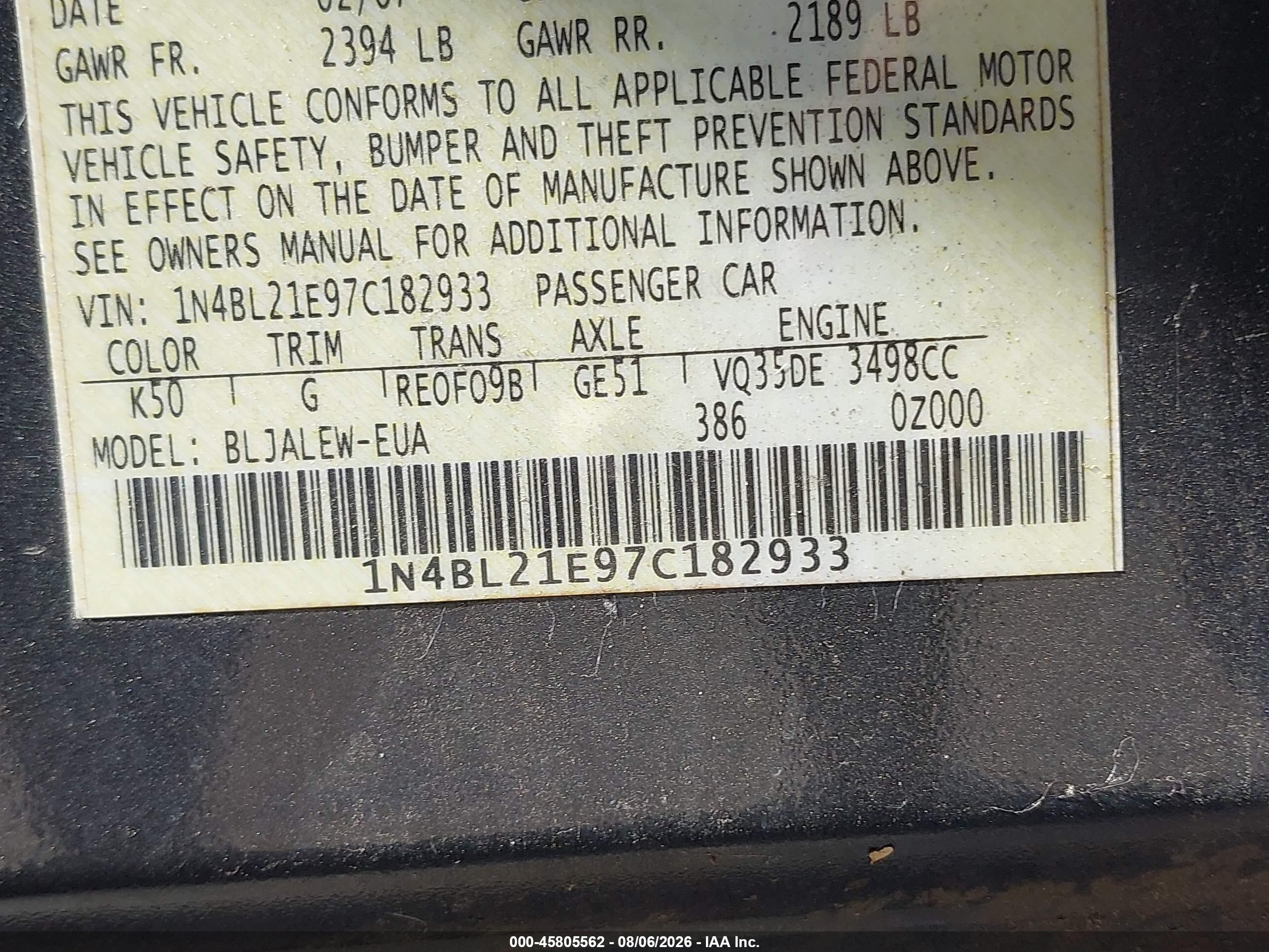 2007 Nissan Altima 3.5 Sl Gray vin: 1N4BL21E97C182933
