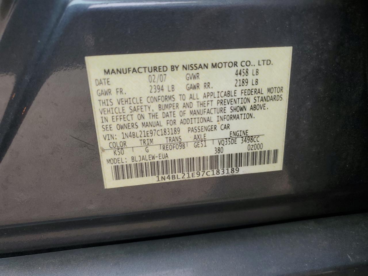 2007 Nissan Altima 3.5se Серый vin: 1N4BL21E97C183189