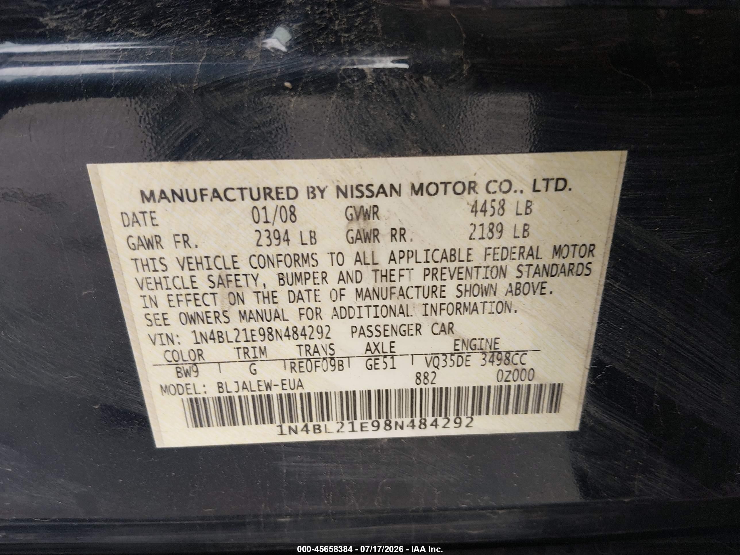 2008 Nissan Altima 3.5 Sl Blue vin: 1N4BL21E98N484292