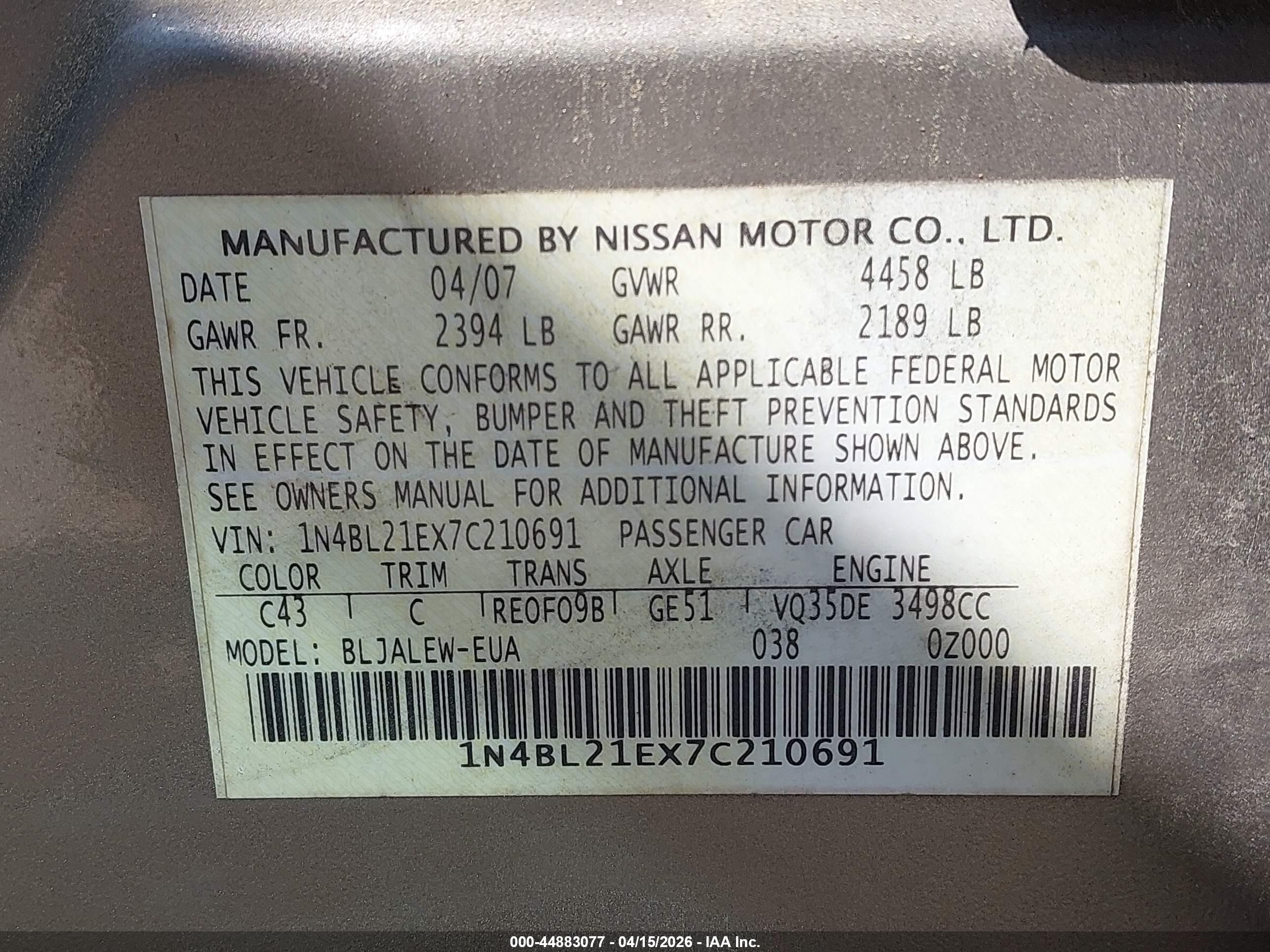 2007 Nissan Altima 3.5 Sl Золотой vin: 1N4BL21EX7C210691