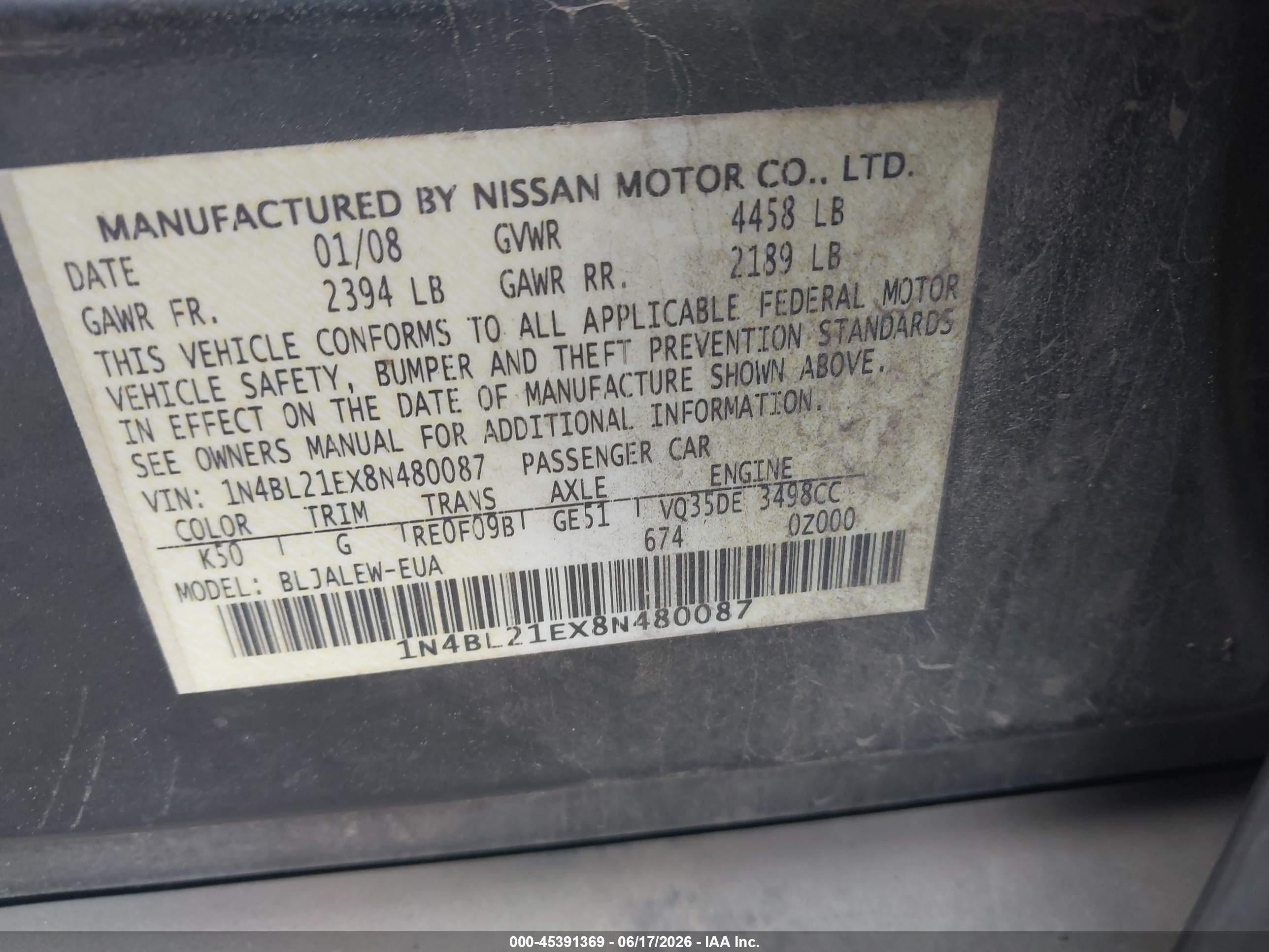 2008 Nissan Altima 3.5 Sl Серый vin: 1N4BL21EX8N480087