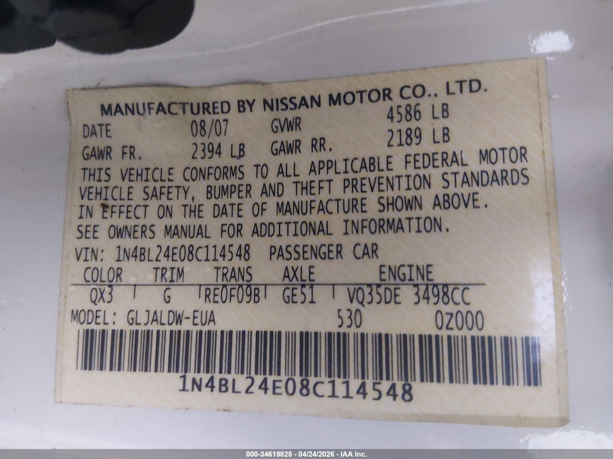 2008 Nissan Altima 3.5 Se White vin: 1N4BL24E08C114548