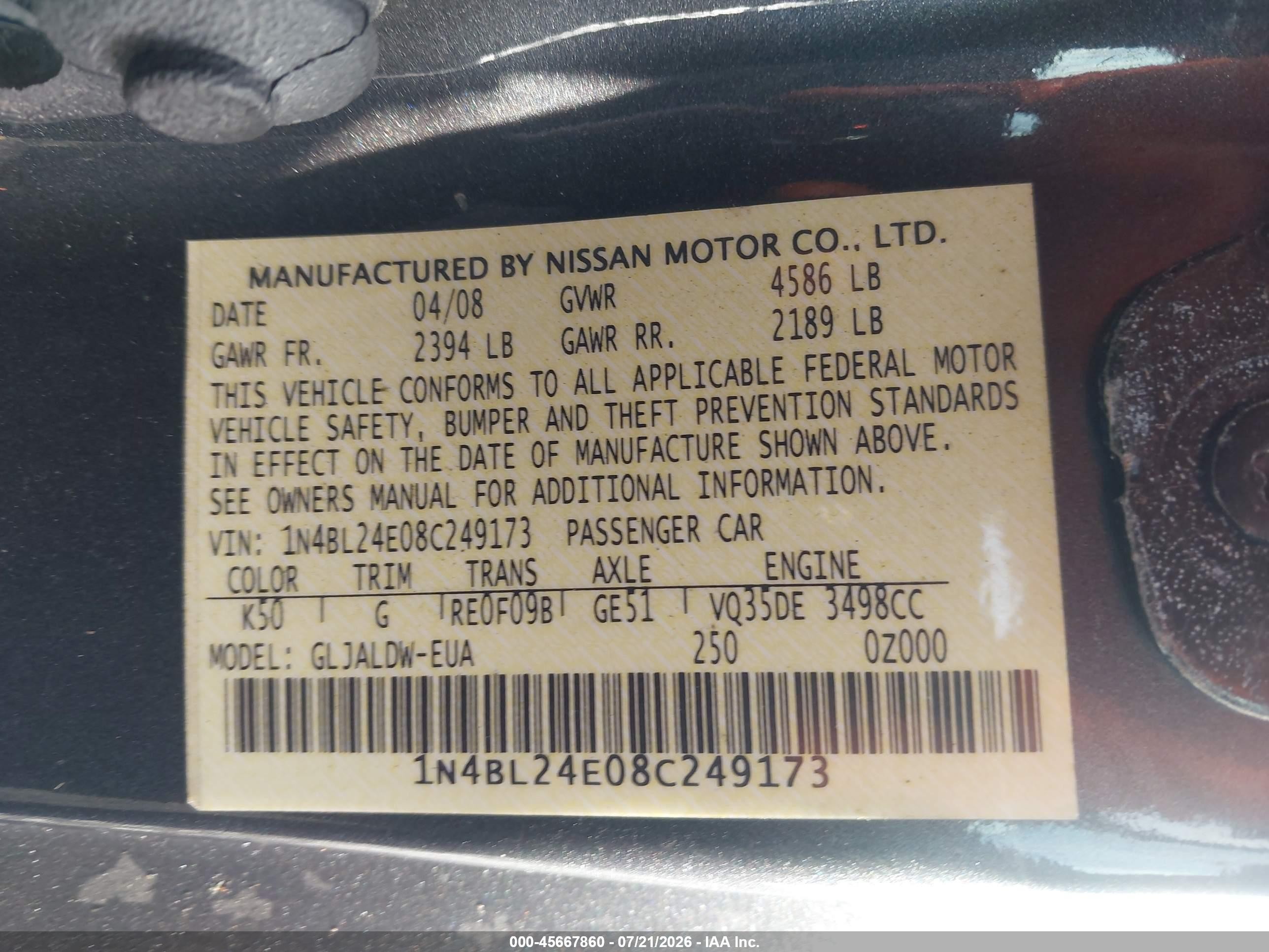 2008 Nissan Altima 3.5 Se Gray vin: 1N4BL24E08C249173