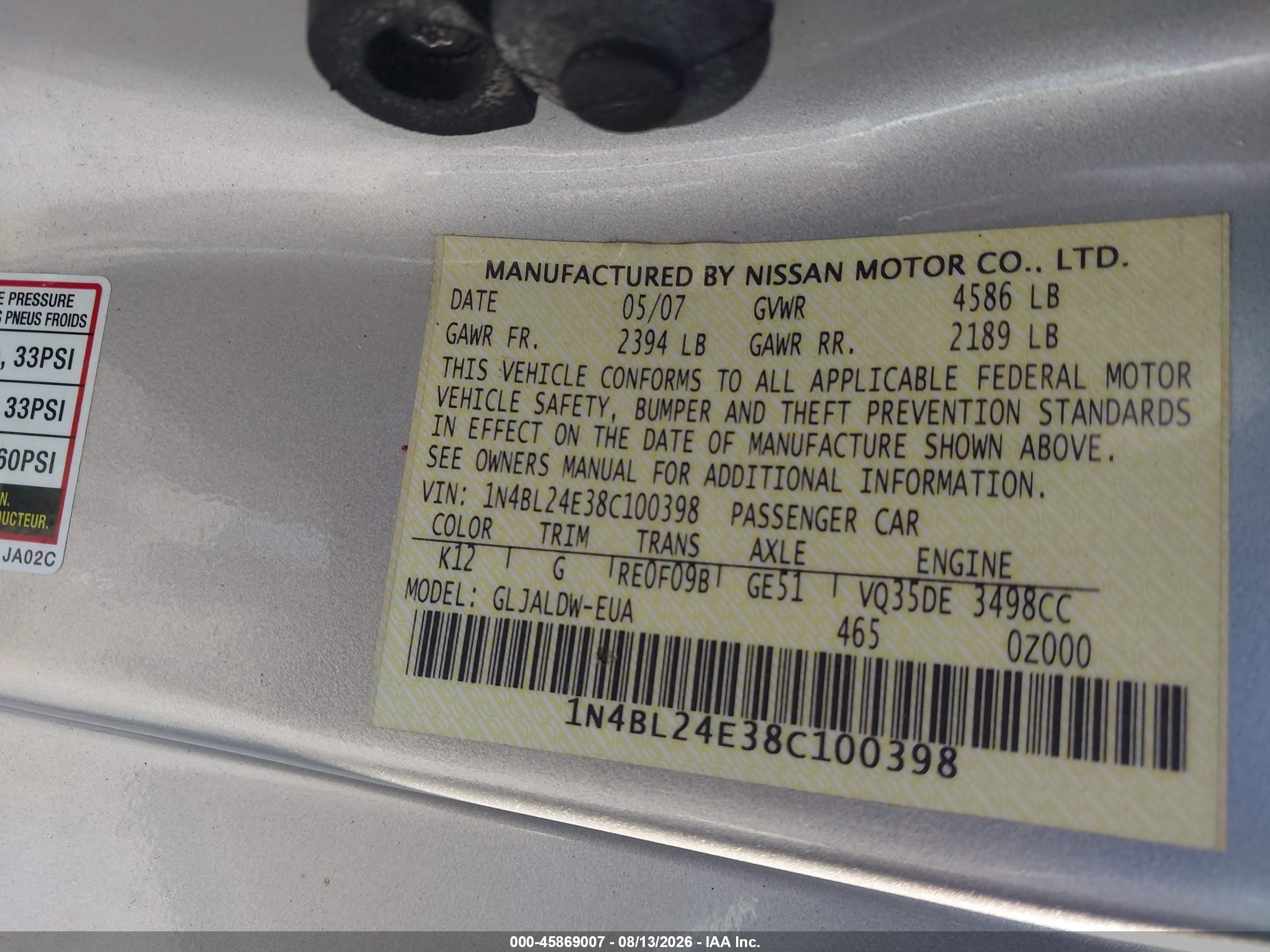 2008 Nissan Altima 3.5 Se Серебряный vin: 1N4BL24E38C100398