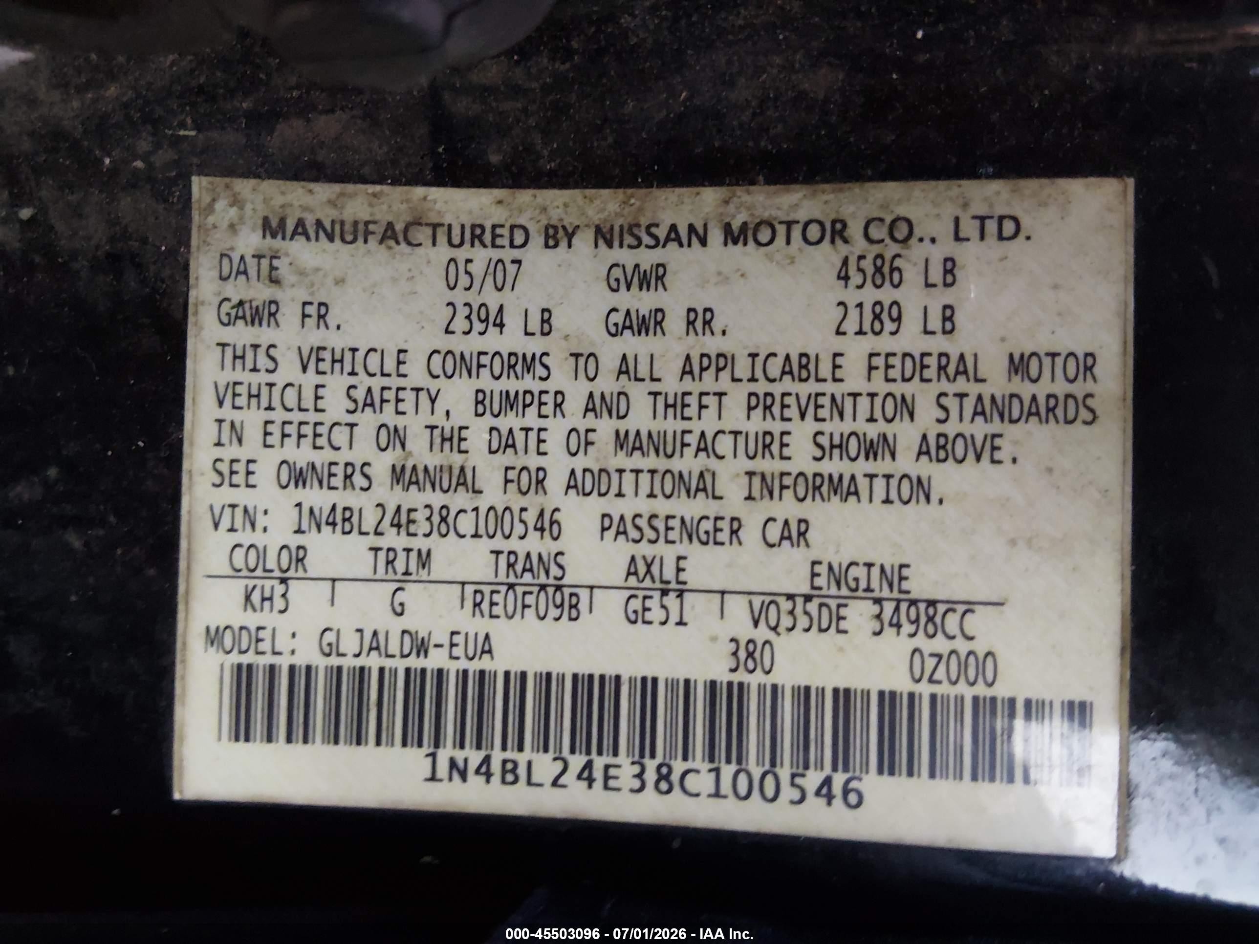 2008 Nissan Altima 3.5 Se Black vin: 1N4BL24E38C100546