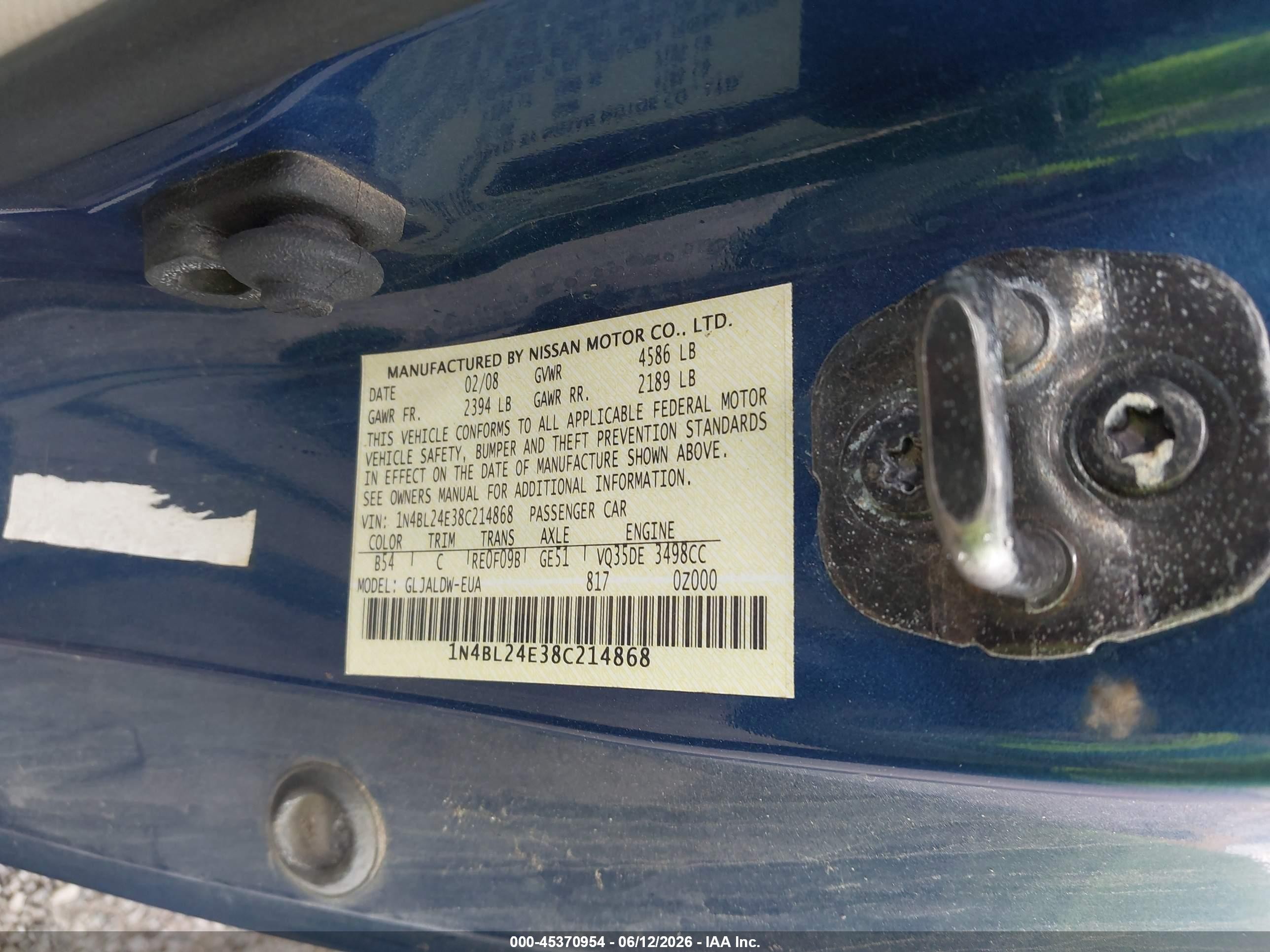 2008 Nissan Altima 3.5 Se Blue vin: 1N4BL24E38C214868