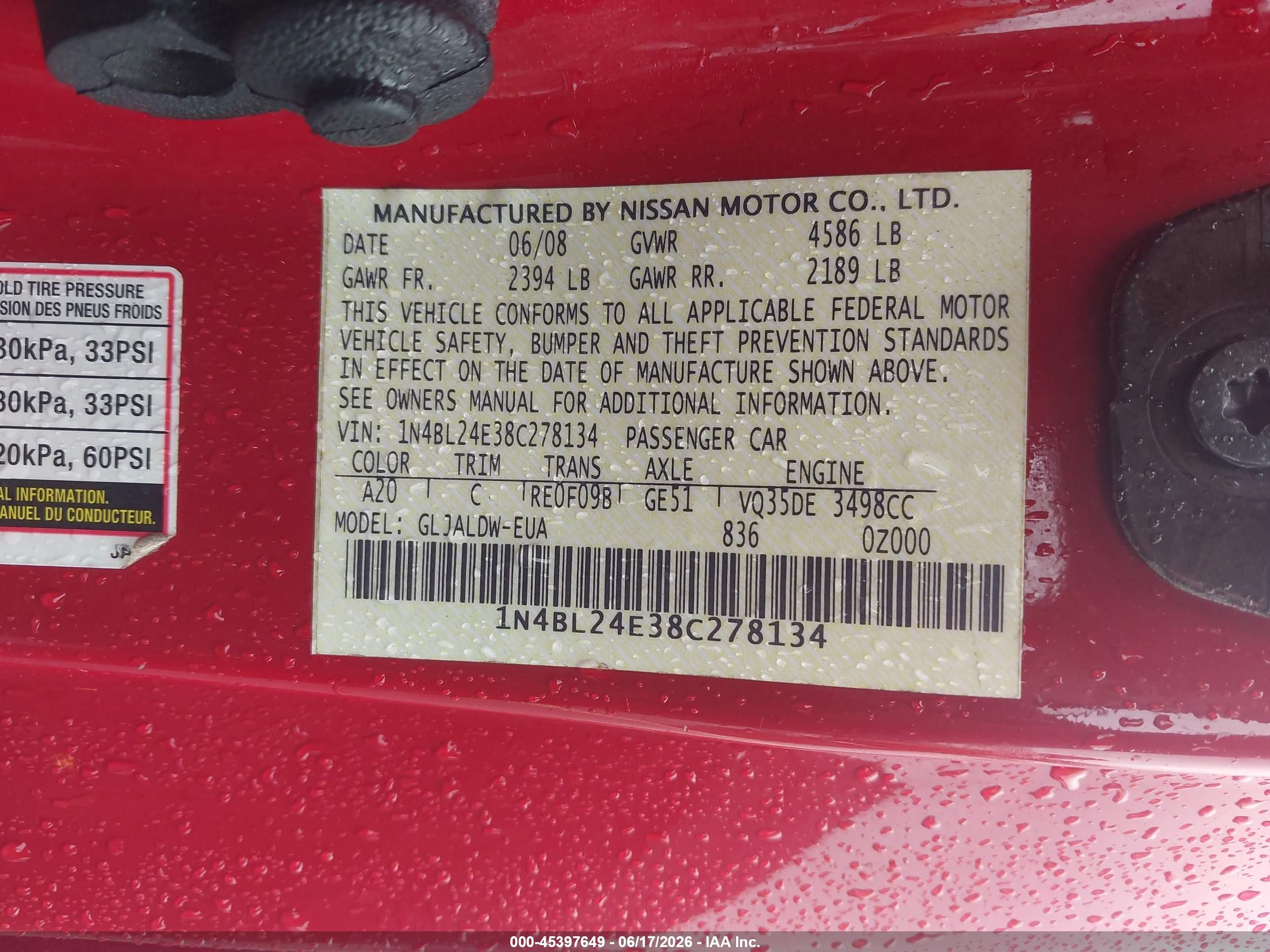 2008 Nissan Altima 3.5 Se Red vin: 1N4BL24E38C278134