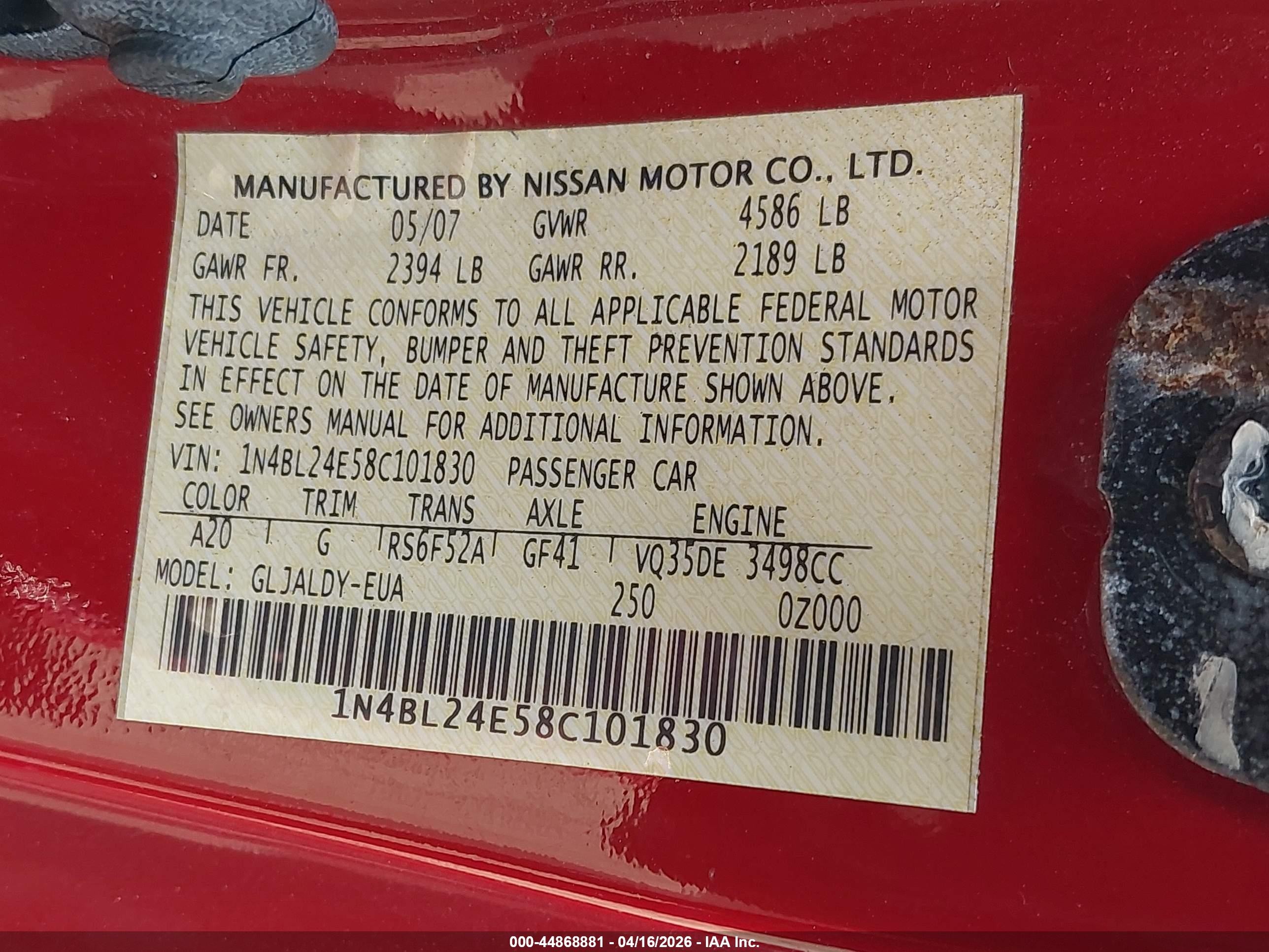 2008 Nissan Altima 3.5 Se Red vin: 1N4BL24E58C101830