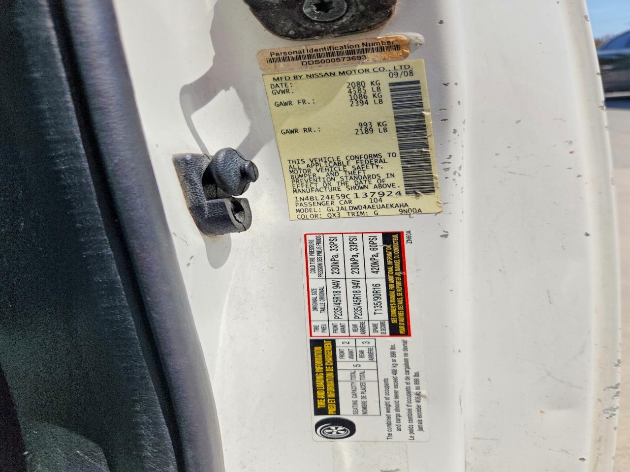 2009 Nissan Altima 3.5 Se White vin: 1N4BL24E59C137924