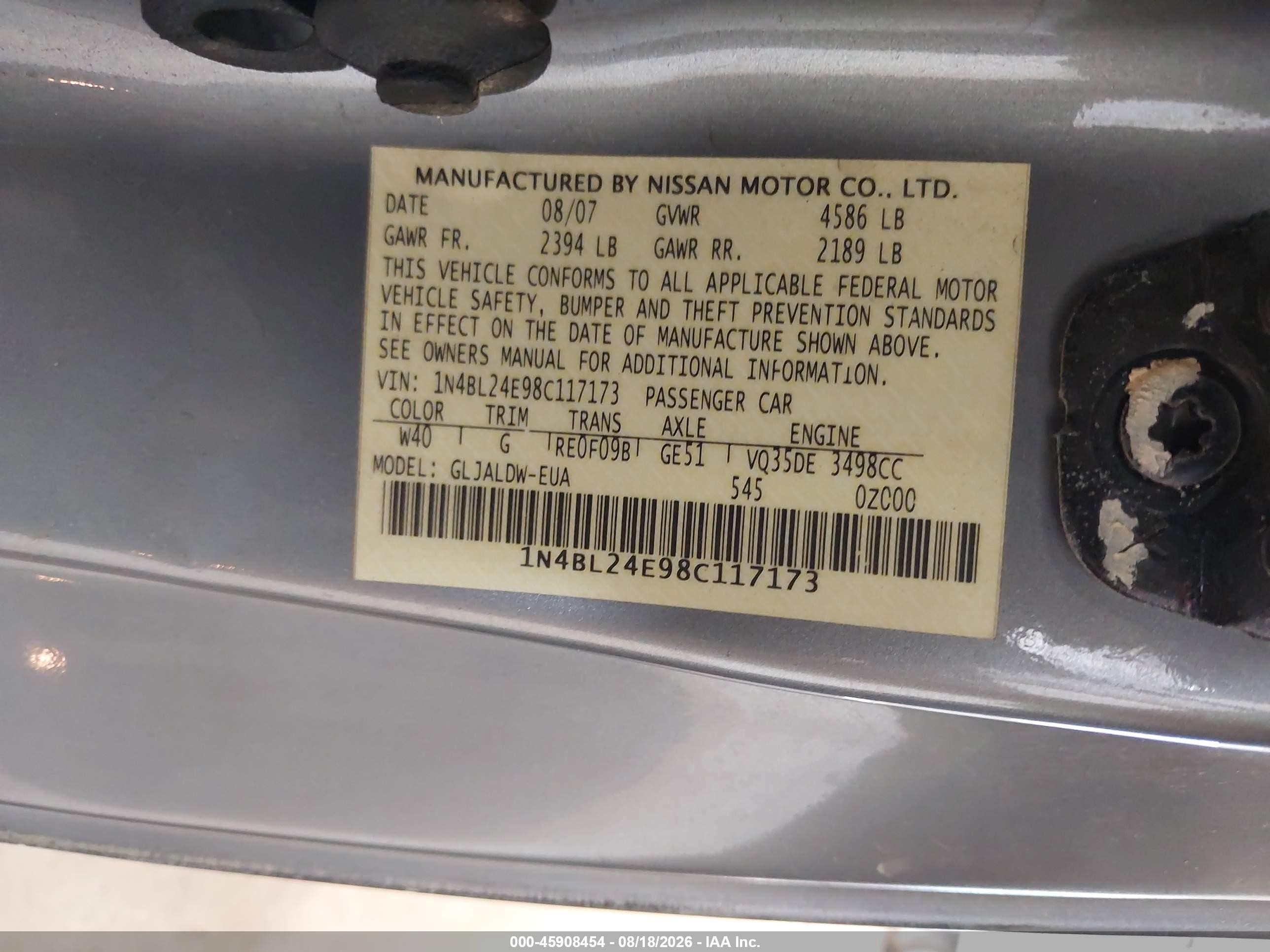 2008 Nissan Altima 3.5 Se Серый vin: 1N4BL24E98C117173