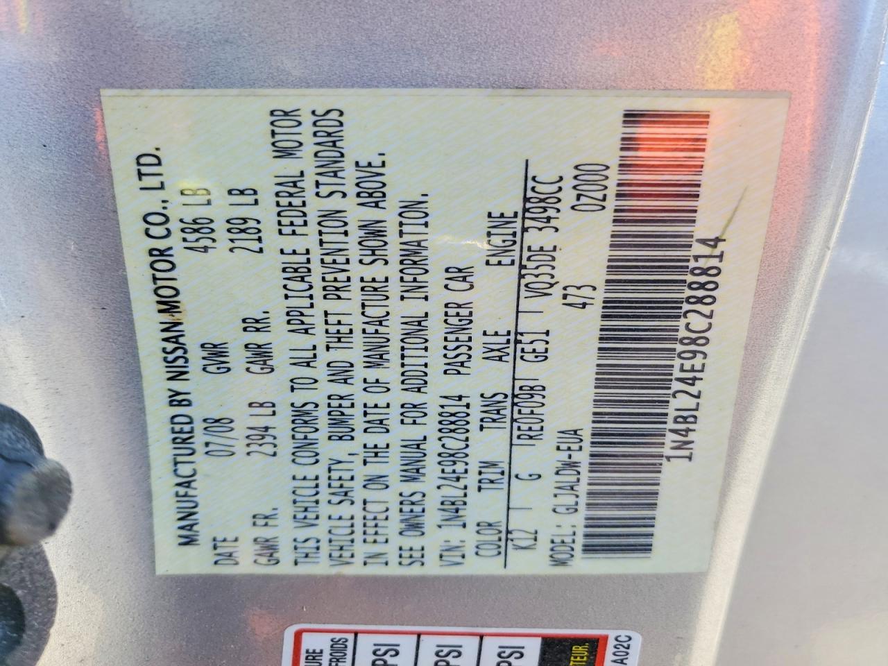 2008 Nissan Altima 3.5 Se Silver vin: 1N4BL24E98C288814