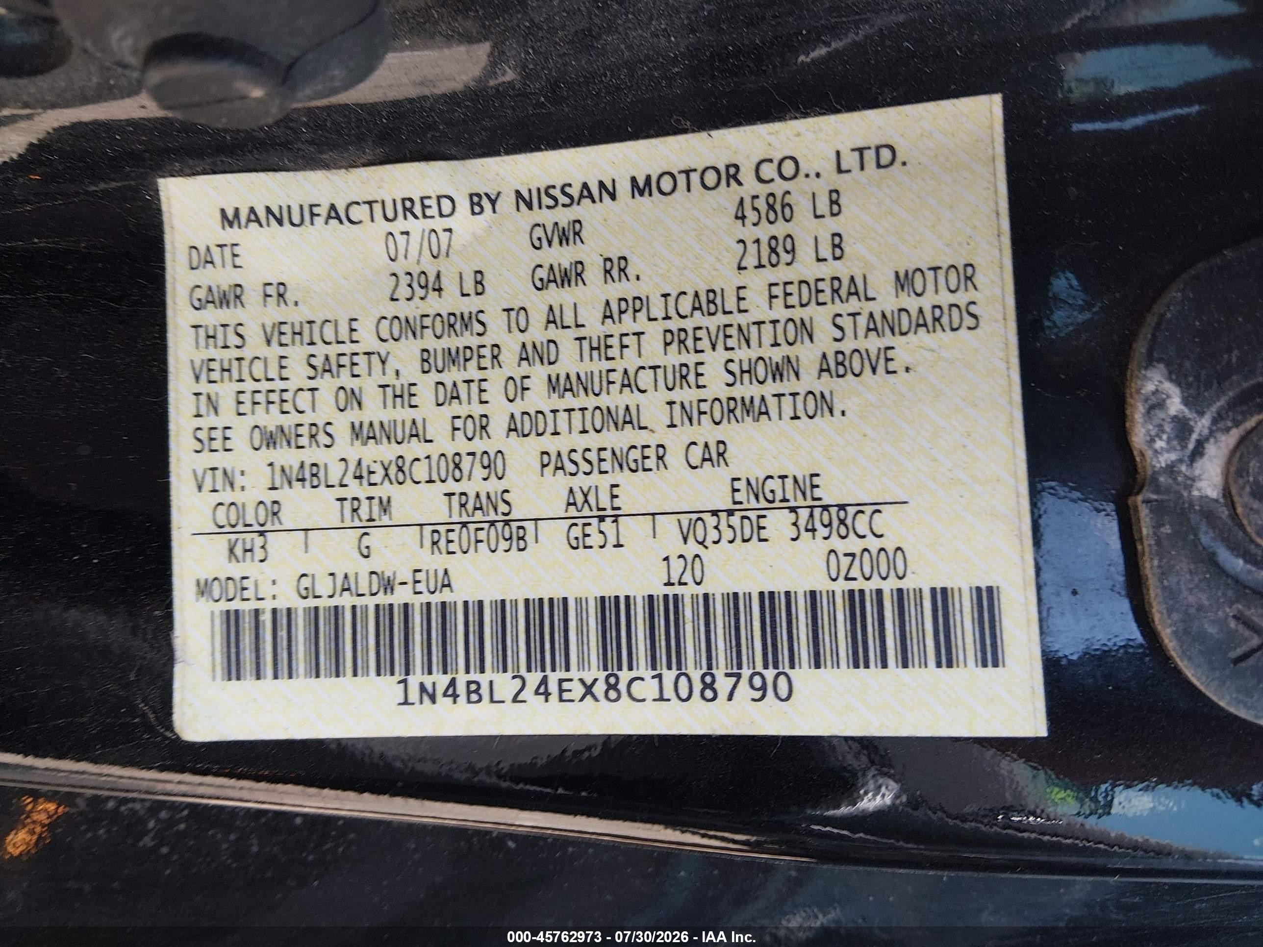 2008 Nissan Altima 3.5 Se Black vin: 1N4BL24EX8C108790