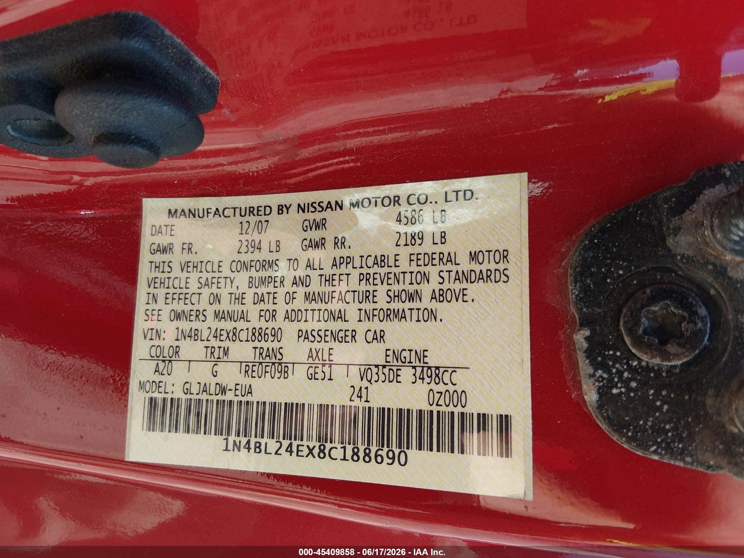 2008 Nissan Altima 3.5 Se Red vin: 1N4BL24EX8C188690