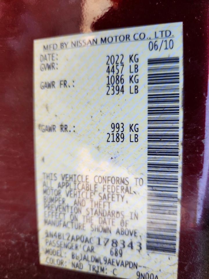 2010 Nissan Altima Sr Burgundy vin: 1N4BL2AP0AC178343